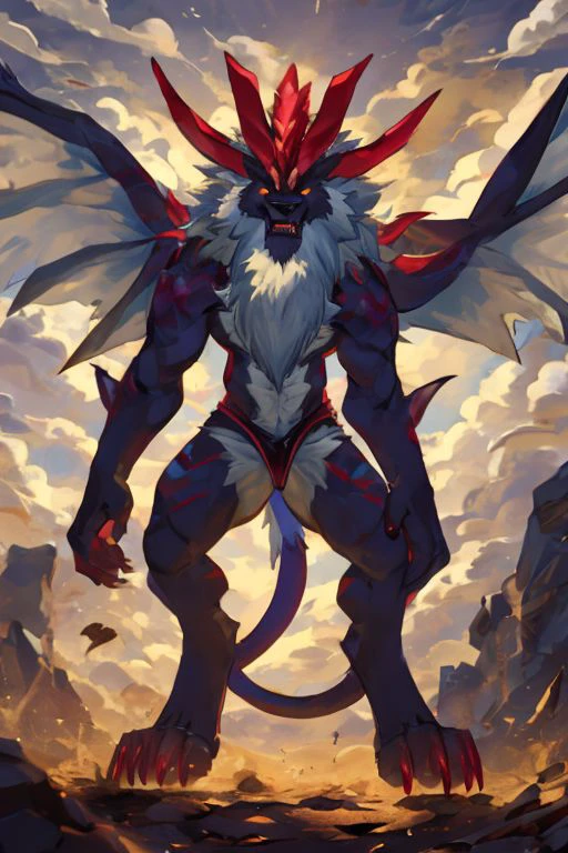 griever, solo, ((half-body)), (looking at viewer,) facing viewer, (red horns,) lion, arm blades, gigantic, open mouth, sharp teeth, (yellow eyes,) white mane, red claws, tail, flying, fierce, ((wings,)) cloudy sky, dark sky, ((dusk,)) purple orange sky, low angle, dirt ground, detailed background, masterpiece, best quality, by hioshiru, by battler