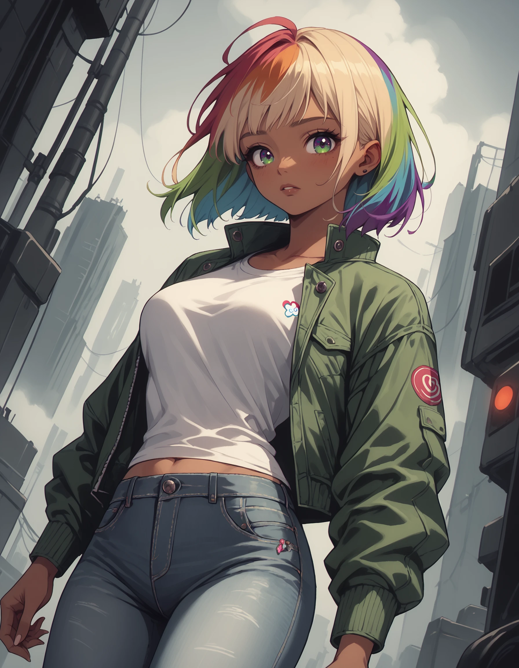 score_9, score_8_up, score_7_up, score_6_up, score_5_up, score_4_up, 1girl, rainbow hair, solo, dark_skin, tan_skin, green leather jacket, wearing a tshirt, denim jeans, foggy neon futuristic, summer jacket, sakura falling, medium breasts, voluptuous, dynamic angle, looking at viewer