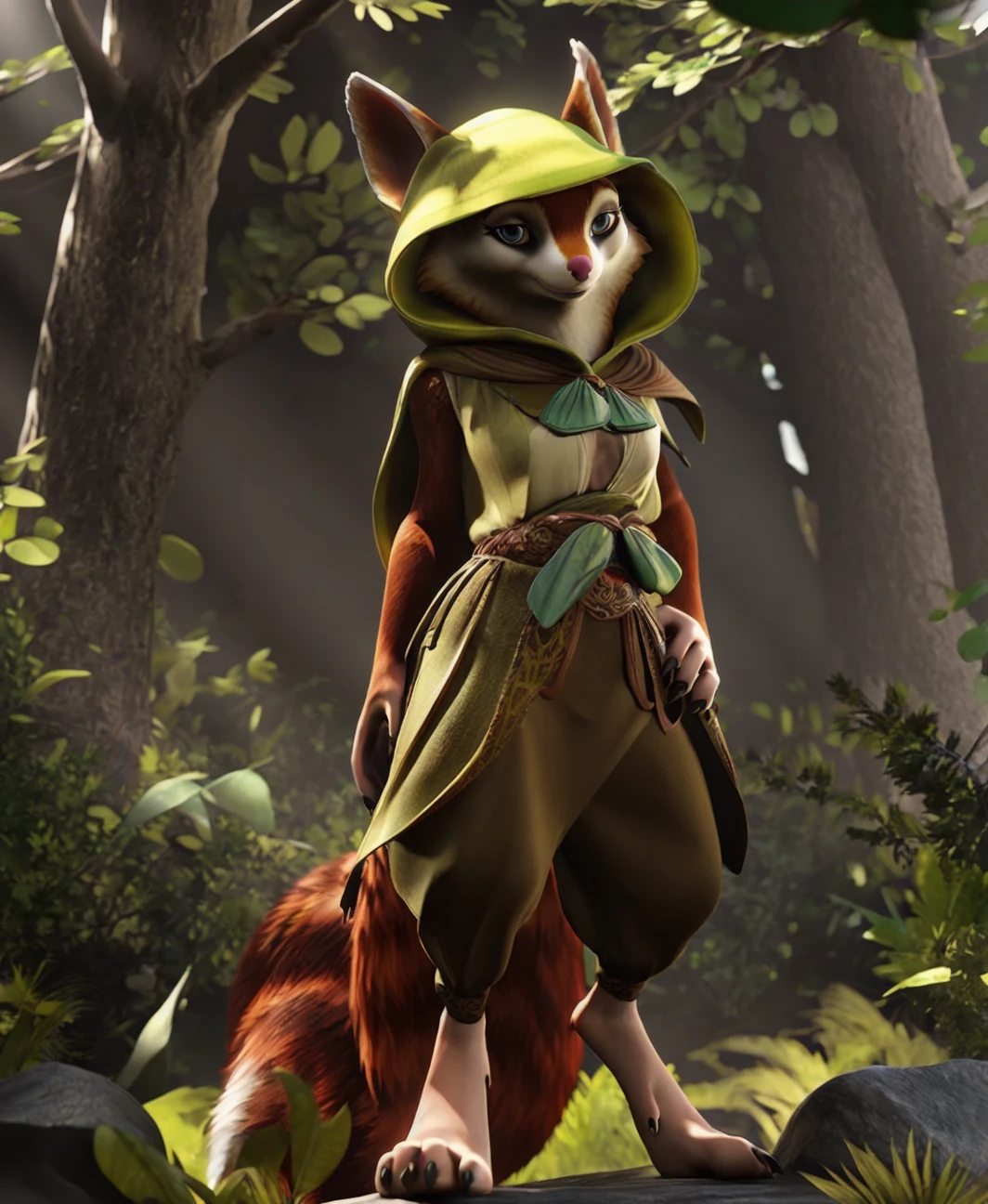 <lora:hoodwinkSquirrel:0.68>,3d \(artwork\),solo,standing,
(blouse:1.2),hood,harem pants,hoodwinkSquirrel,
in spring,nature,forest,