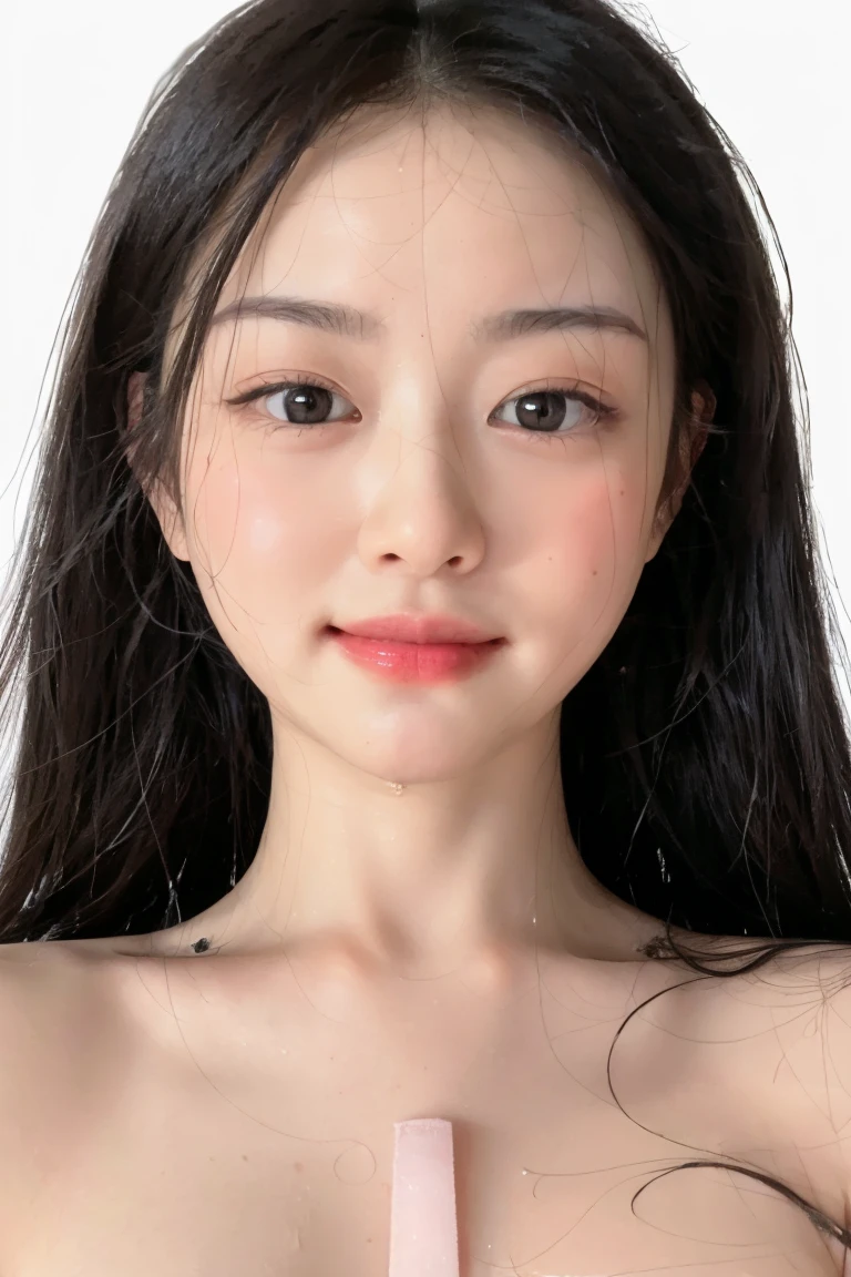 (masterpiece, top quality, best quality, (close-up photograph: 2), ((1girl)), korean, fair skin, (extremely detailed face), ((looking at viewer)), ((((ultra-detailed eyes and pupils)))),((((ultra-detailed lips)))) cheekbone, plump cheeks, ((bare pectorals)), ((bare chest)), ((tube dress)), bare head, ((bare shoulders)), symmetrical frame, (((strapless))), ((closed lips)), (((smile))), ((symmetrical pose)), (symmetrical face: 1.6), 35mm, ((((minimal plain white background)))), ((no lighting)), long hair, no watermark, ((medium hair)), <lora:zuogongzi:0.7>