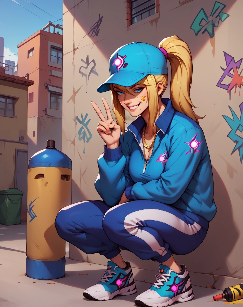 score_9, score_8_up, score_7_up, score_6_up, BREAK alley,slav squatting,track suit,sneaker,baseball cap,smile,v,jewelry,gold necklace,urban style,graffiti,spray paint,samus aran