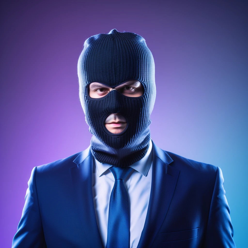 man in business suit wearing ski mask, gradient background <lora:ski_mask:1>