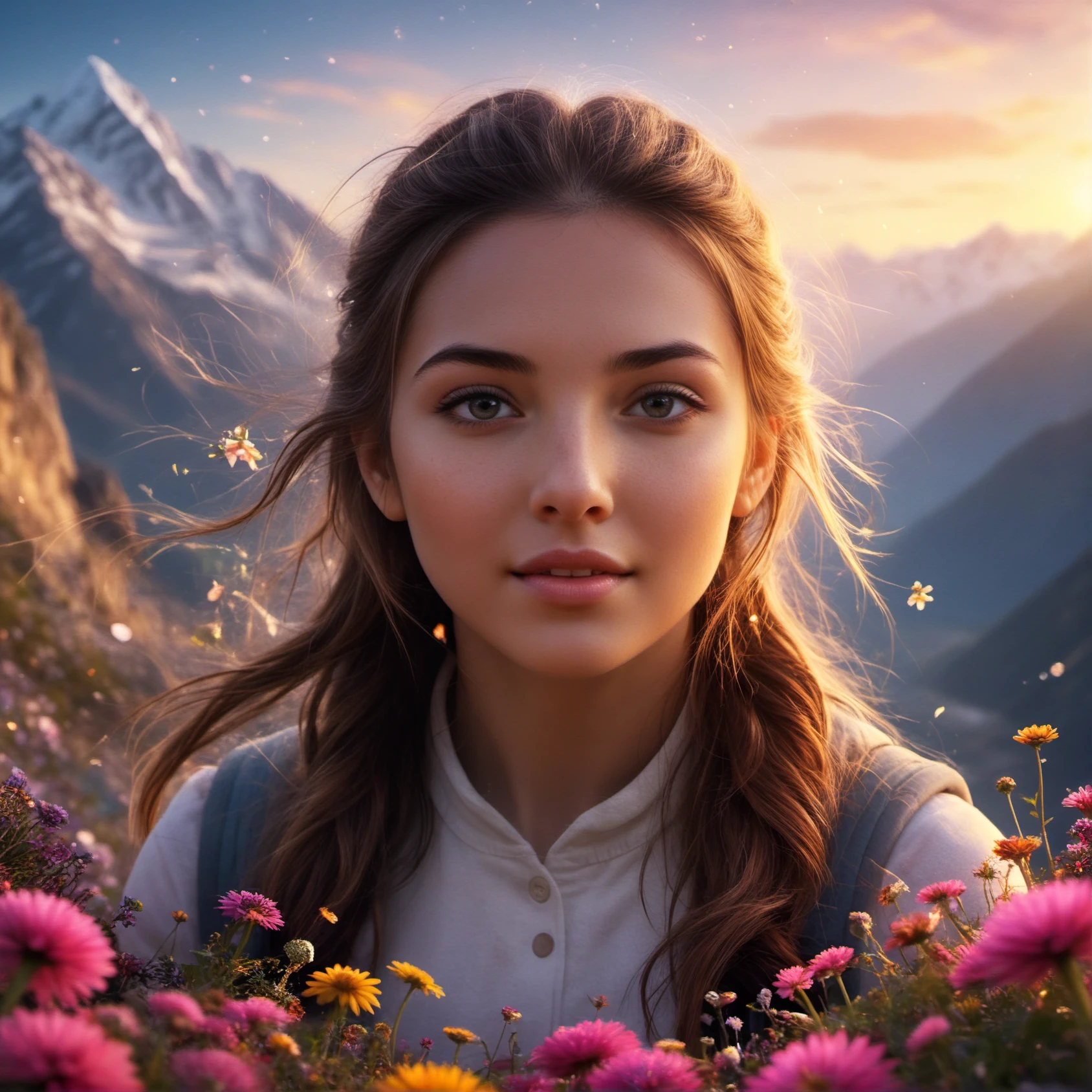A girl explores a magical world, adventure, magic, Fantasy, impossible, Cute, happy, close-up, Landscape, colourfull, break (Masterpiece, Best Quality, wall paper, 4k, splendid, intrikate), mountains, Particle, Strnage Flower, happiness, surprised, surprise, curious, perfect faces, glittering, treasure, Nature, EpicSky