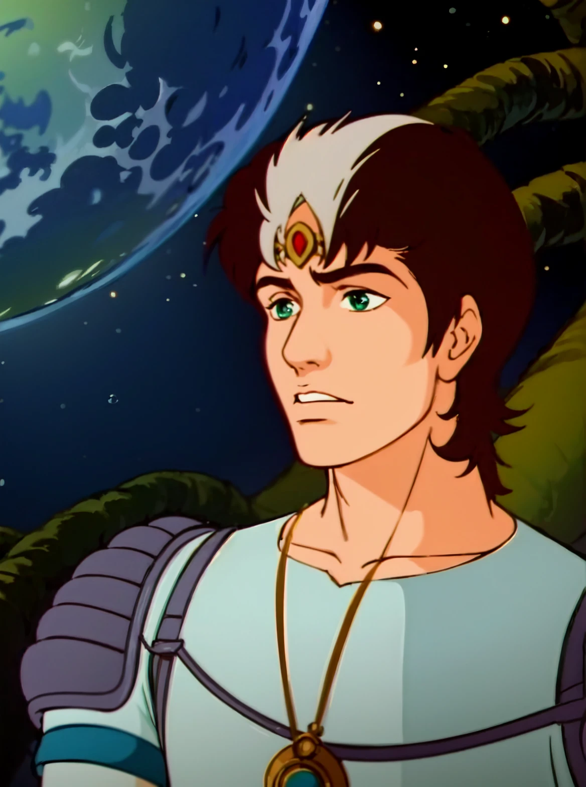 jaycewheeled, jayce, male, brown hair with grey stripe, light blue shirt, fantasy armour,  surrounded by green vines in space <lora:Jayce_and_the_Wheeled_Warriors:0.8>, <lora:add_detail:0.5>,  <lora:boldline:-0.2>,  <lora:noline:0.3>, 1girl, solo,