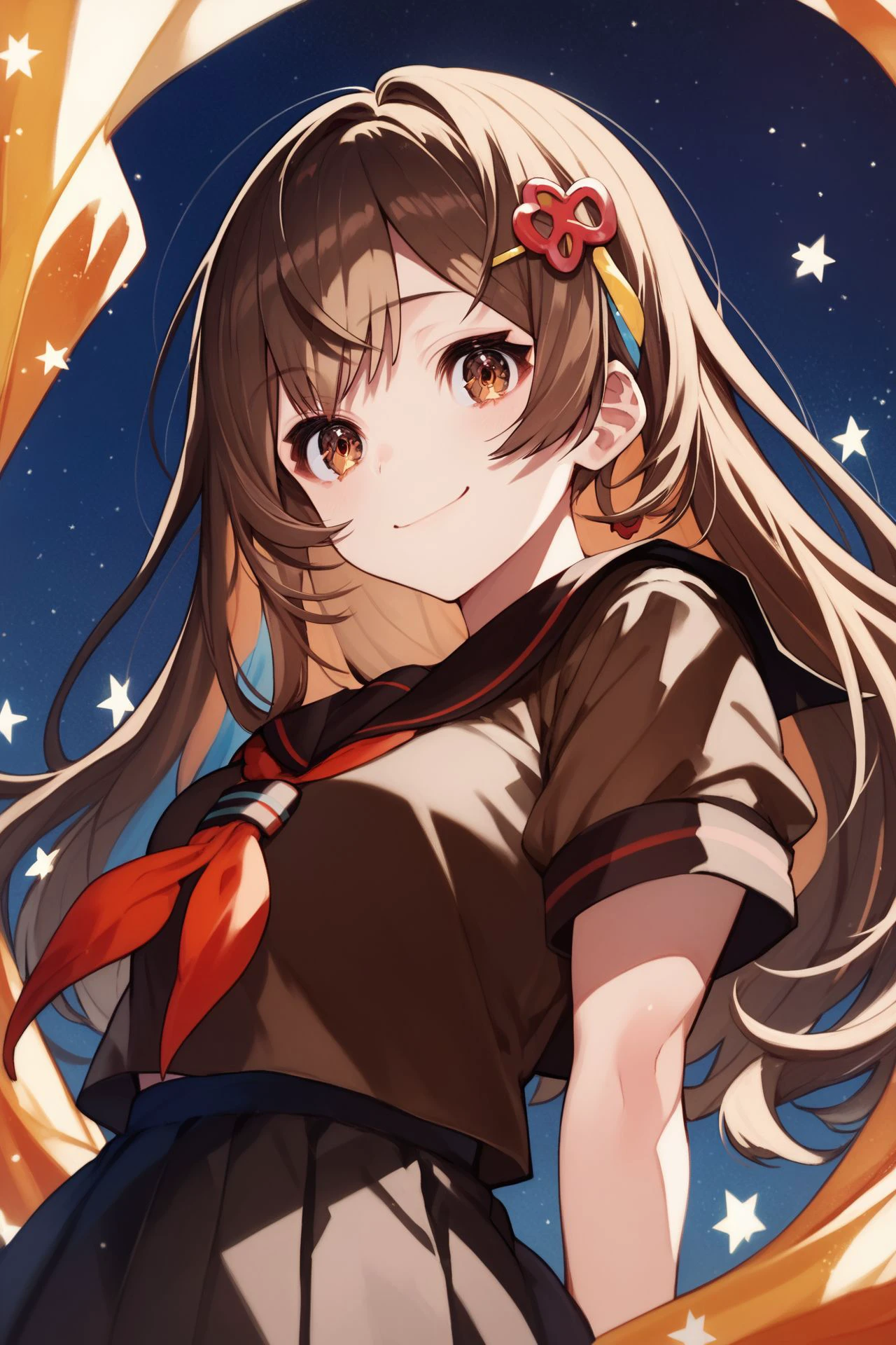score_9, score_8_up, score_7_up, 1girl, looking at viewer, arms_behind_back, naughty smile, bronze hair, multicolored hair, long bangs, hair ornament, hazel eyes, medium breasts, dark brown serafuku \(sailor uniform\), dutch angle, starry background, <lora:mika_pikazo_PonyXL_style_v01:1>