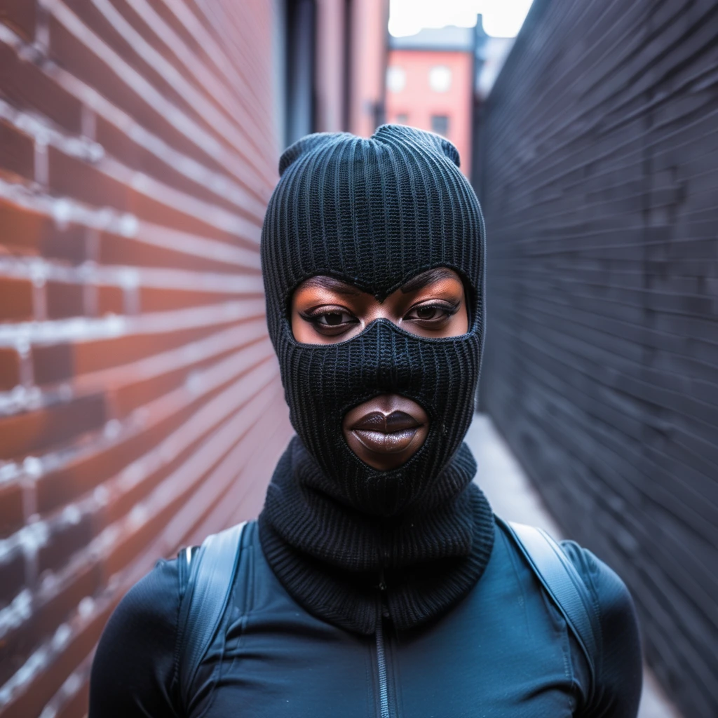 black woman, ski mask, urban brick background, alley <lora:ski_mask:1>
