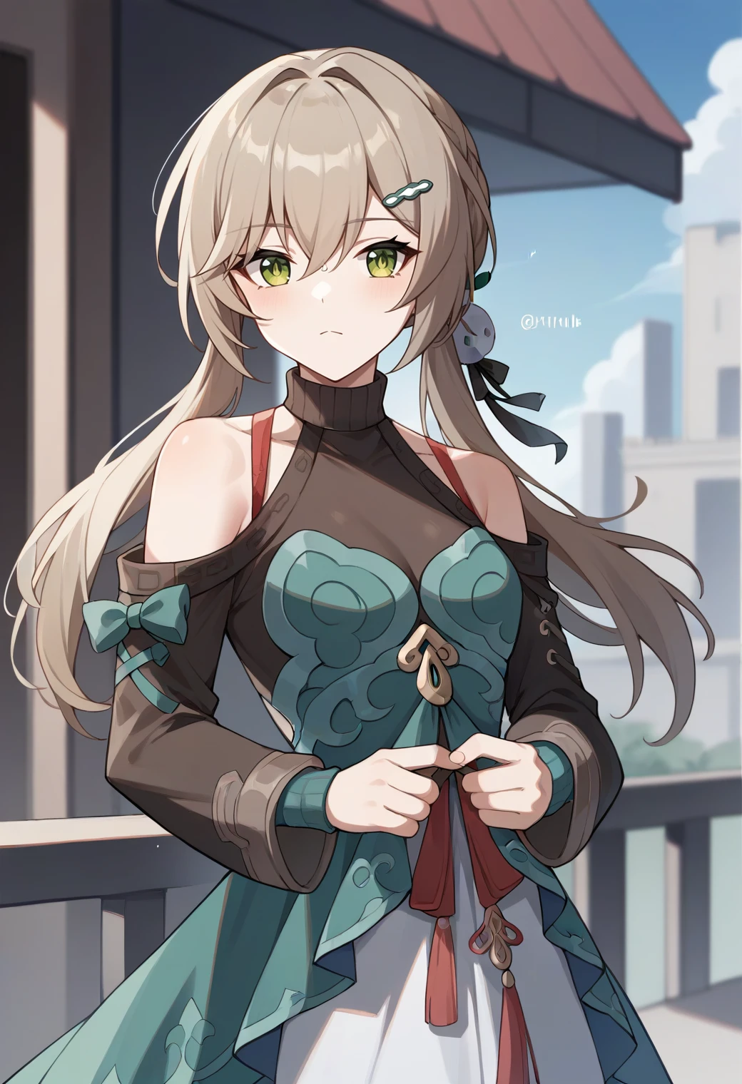 score_9,score_8_up,score_7_up,score_6_up,score_5_up,score_4_up, source_anime,
1girl, qingque \(honkai: star rail\), low twintails, hairpin, dress, shoulder cutout, turtleneck,
cowboy shot, outdoors, solo, straight-on, looking at viewer,
<lora:qingqueponyxl-10:1>