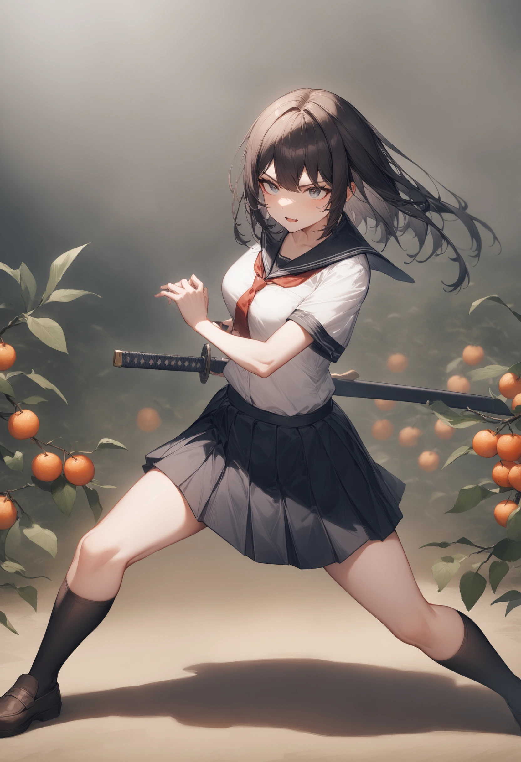 1girl, <lora:sdxl2-flat2-512b:-1>,medium breasts,school uniform,
<lora:iaidou_XL_v1:0.8>iaidow,weapon, katana, holding sword, ready to draw, sheathed, unsheathing, scabbard, fighting stance, battoujutsu stance,
from side, full body, looking away, archaic smile, fruit farm, open mouth,
masterpiece, best quality, very aesthetic, absurdres