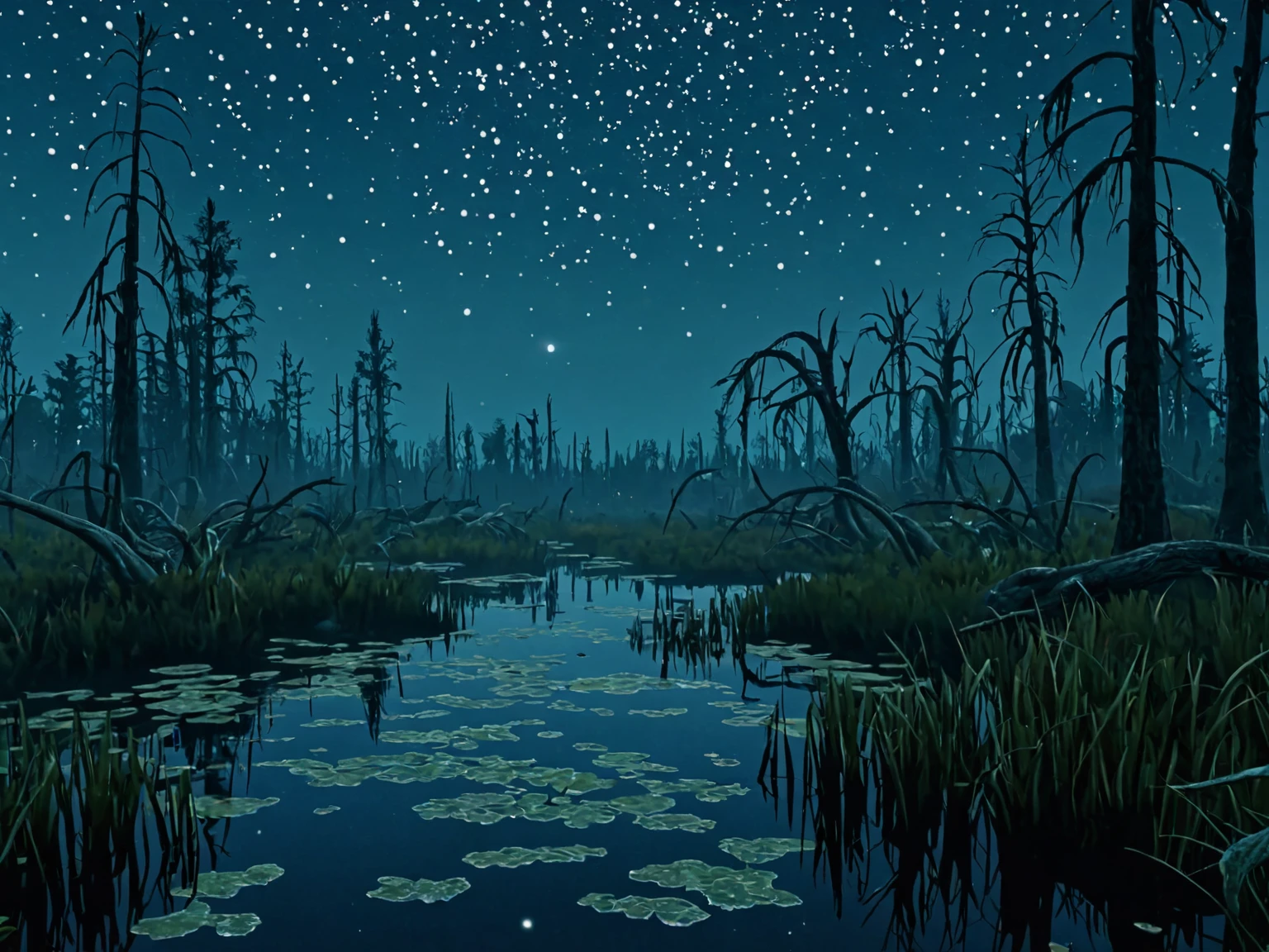 videogame screenshot of a swamp area, starry night, , videogame screenshot <lora:Skyrim_Style_XL>