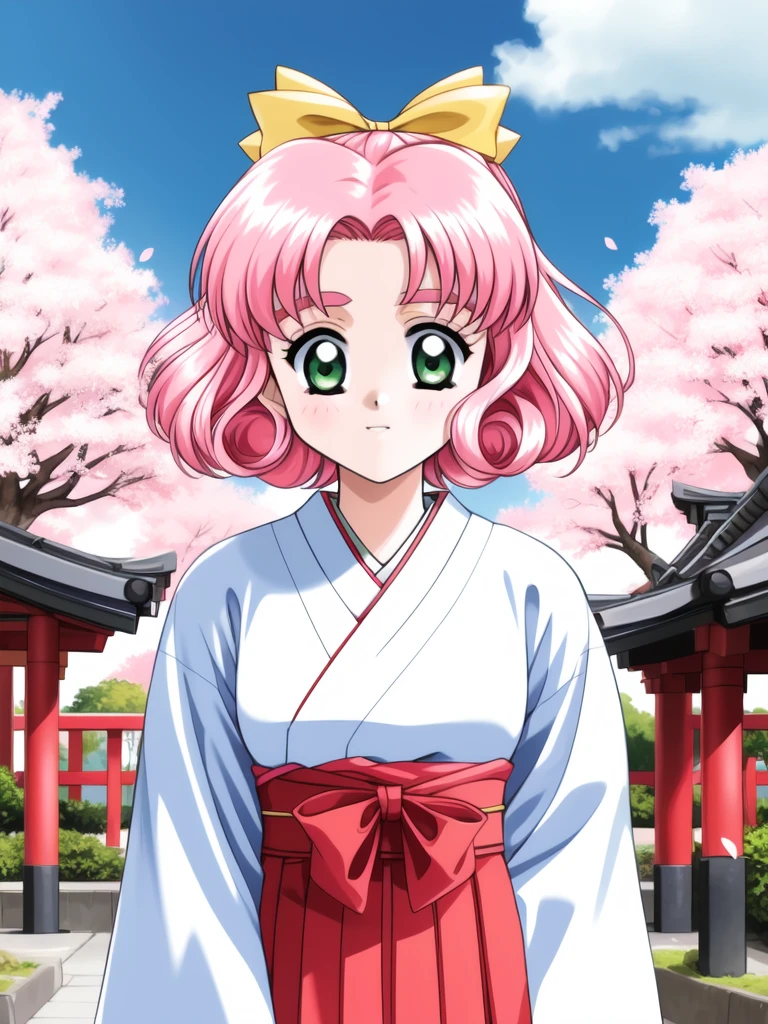 <lora:Minagawa_Nana:0.8>, MinagawaNana, 1girl, soro, pink hair, green eyes, hair bow, short hair, curly hair, outdoor, sky, school,
japanese white clothes, miko, red hakama, shrine, cherry blossom,
masterpiece, high quality, very_high_resolution, large_filesize, full color,