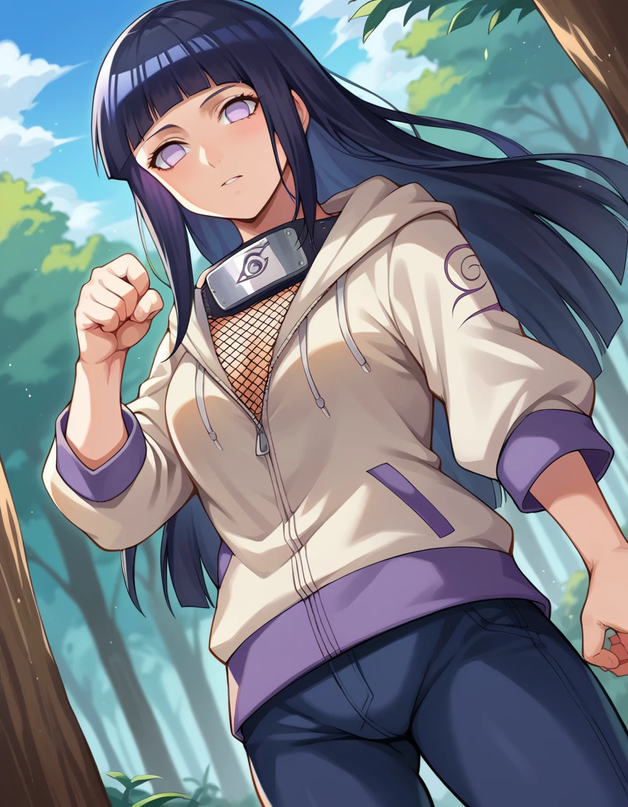 score_9, score_8_up, score_7_up, source_anime,
hinatahyuuga, <lora:hinata-hyuuga-ponyxl-lora-nochekaiser:1>,
hinata hyuuga, byakugan, black hair, blunt bangs, long hair, straight hair,
fishnets, forehead protector, jacket, konohagakure symbol, pants,
outdoors, forest, nature, fighting stance,
looking at viewer, dutch angle, cowboy shot,