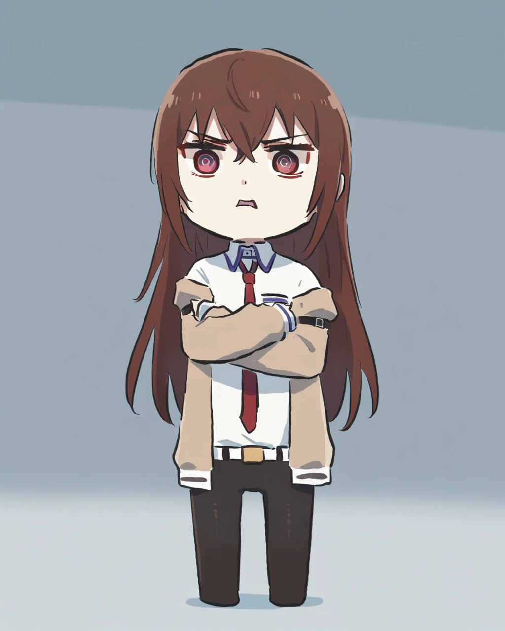 masterpiece, best quality, very aesthetic, absurdres, <lora:Xinzoruo_Shinzo_Shinkun_Style2_AnimagineXLv3-000005:1:lbw=sdxloutall> xinzoruo, chibi, full body, solo,
1girl, makise kurisu, steins;gate,
looking at viewer, disgust,