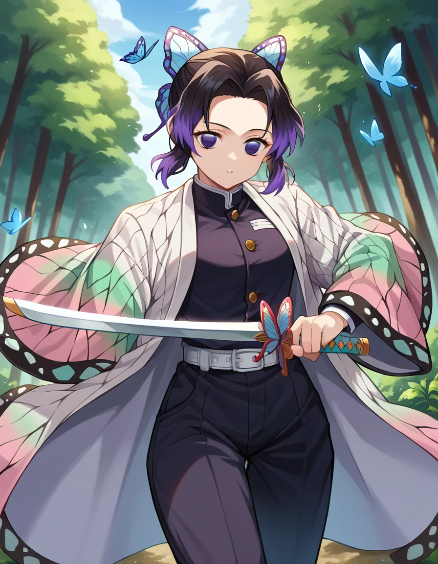 score_9, score_8_up, score_7_up, source_anime,
shinobukochou, <lora:shinobu-kochou-ponyxl-lora-nochekaiser:1>,
shinobu kochou, animal print, black hair, butterfly, butterfly hair ornament, butterfly print, forehead, gradient hair, hair ornament, haori, multicolored hair, parted bangs, purple hair, short hair, two-tone hair,
belt, black pants, butterfly print, coat, demon slayer uniform, haori, japanese clothes, pants, uniform,
outdoors, forest, nature, sword, holding weapon, holding sword, weapon, fighting stance,
looking at viewer, dutch angle, cowboy shot,