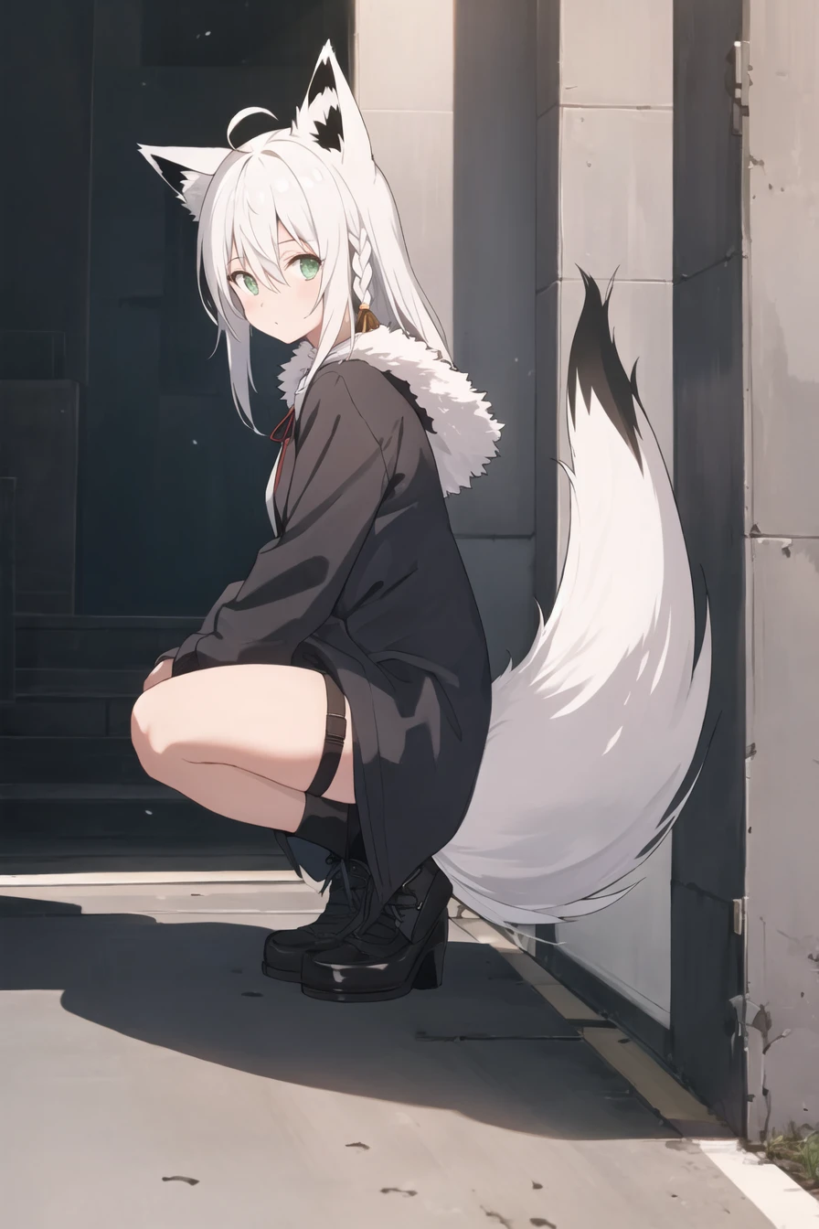 (masterpiece),best quality,from_side,Dark environment,Stand on one foot,Stand against the wall,One knee up,Lift one foot,Put foot against the opposite wall,1girl,shirakami fubuki,virtual youtuber,animal ears,fox ears,fox girl,white hair,fox tail,jacket,thigh strap,long hair,ahoge,bangs,braid,fur trim,green eyes,hair between eyes,stairs,sidelocks,looking at viewer,