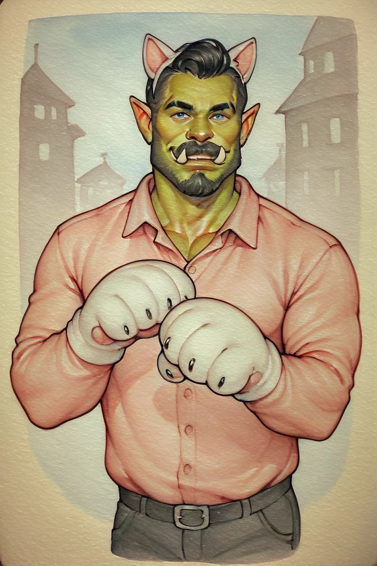 score_9, score_8_up, score_7_up, rating_safe, traditional media, realistic, orc, green skin, tusks, facial hair, beard, mustache, black hair, blue eyes, pink shirt, collared shirt, long sleeves, black pants, muscular, 1boy, solo, male focus, mature male, fake animal ears, animal ears, cat ears, white cat ears, paw gloves, white paw gloves, cat paws, paw pose, smile, looking at viewer, cowboy shot, standing, outdoors, city, building <lora:OIS Gold Fish Style LoRA_Pony XL v6 ALT:0.7>