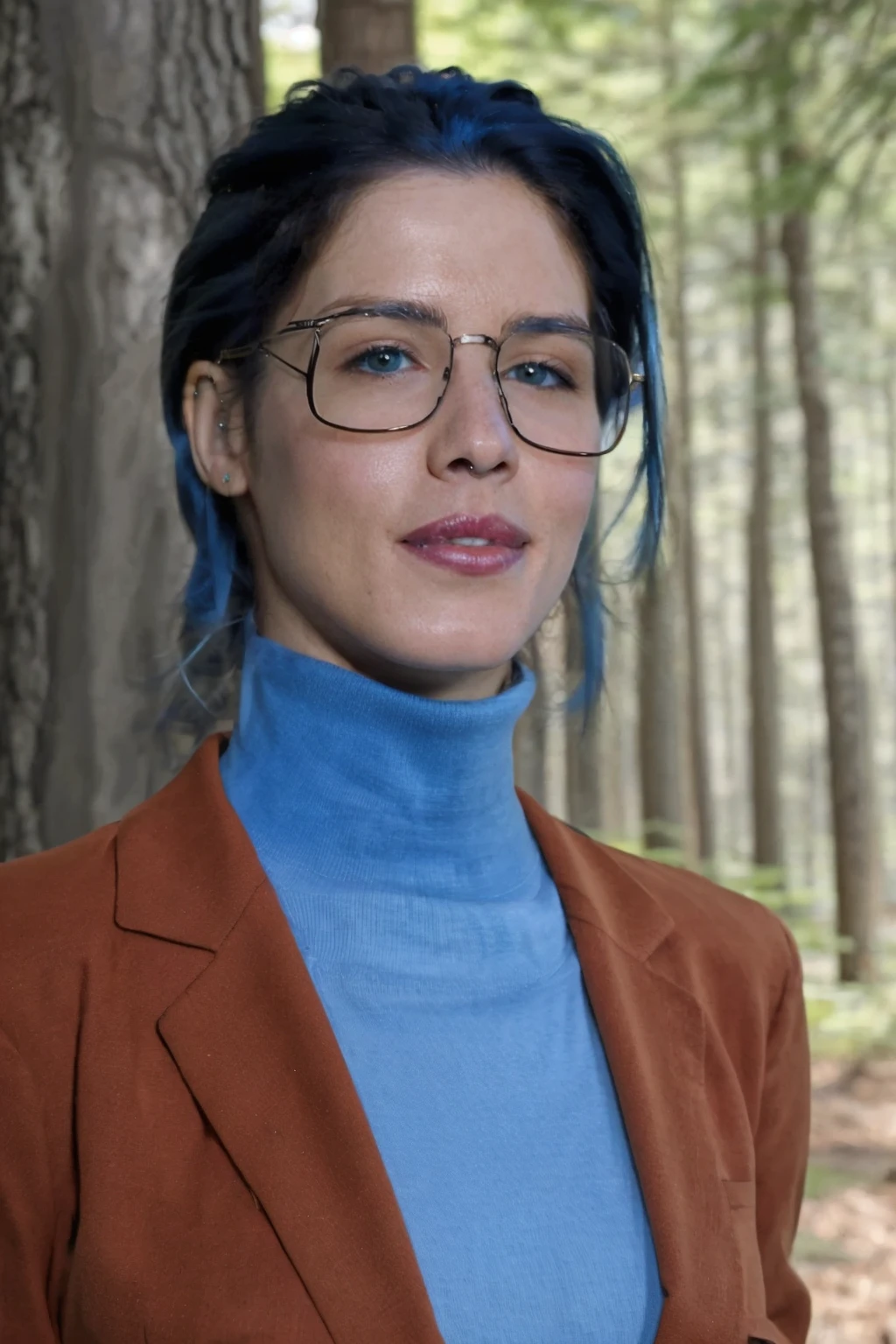 <lora:em1lyb3ttv:1> em1lyb3tt 1girl, portrait, blue hair, glasses, forest, turtleneck