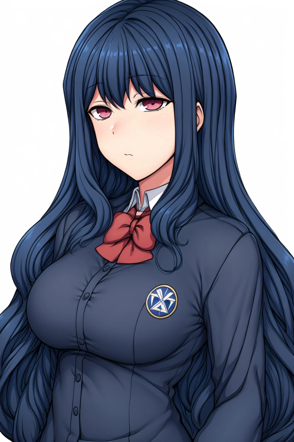 Simple White Background,
dynamic pose,standing at attention,
school_uniform,Blue_jacket,red_bowtie, pleated_skirt,long sleeves,
<lora:Yuu_Nozaki_SaiminSeishidou-KK77-V1:0.7>,
red eyes, Blue hair,bangs,very long hair, wavy hair,
<lora:Oda_Non_Style-KK77-V2:0.2>,<lora:SaiminSeishidou_Lesson_Style-KK77-V1:0.3>,<lora:more_details:0.3>,
1 girl, 20yo,Young female,Beautiful long legs,Beautiful body,
Beautiful Nose,Beautiful character design, perfect eyes, perfect face,expressive eyes,perfect balance,
looking at viewer,(Focus on her face),closed mouth, expressionless,
official art,extremely detailed CG unity 8k wallpaper, perfect lighting,Colorful, Bright_Front_face_Lighting,White skin,
(masterpiece:1.0),(best_quality:1.0), ultra high res,4K,ultra-detailed,
photography, 8K, HDR, highres, absurdres:1.2, Kodak portra 400, film grain, blurry background, bokeh:1.2, lens flare, (vibrant_color:1.2),professional photograph,
(Beautiful,large_Breasts:1.2), (beautiful_face:1.5),(narrow_waist),