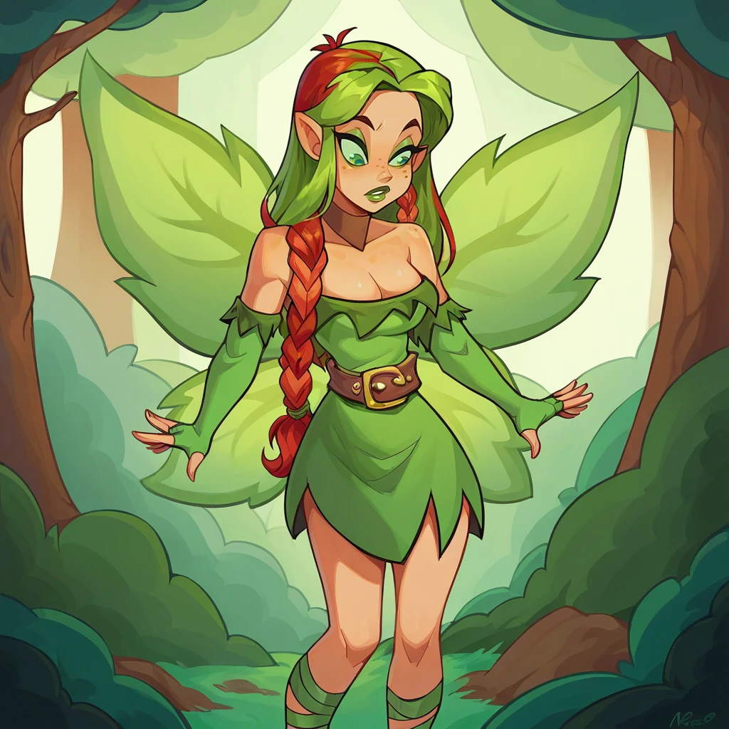 score_9, score_8_up, score_7_up, score_6_up, score_5_up, score_4_up, a girl in the forest,  <lora:Illusen_XL10:0.6> illusen, neopets, multicolored hair, green wings, single braid, huge breasts, huge areola, nipple slip,  <lora:incase_v14:0.8> strapless dress, green footwear, elbow gloves, dress pull,