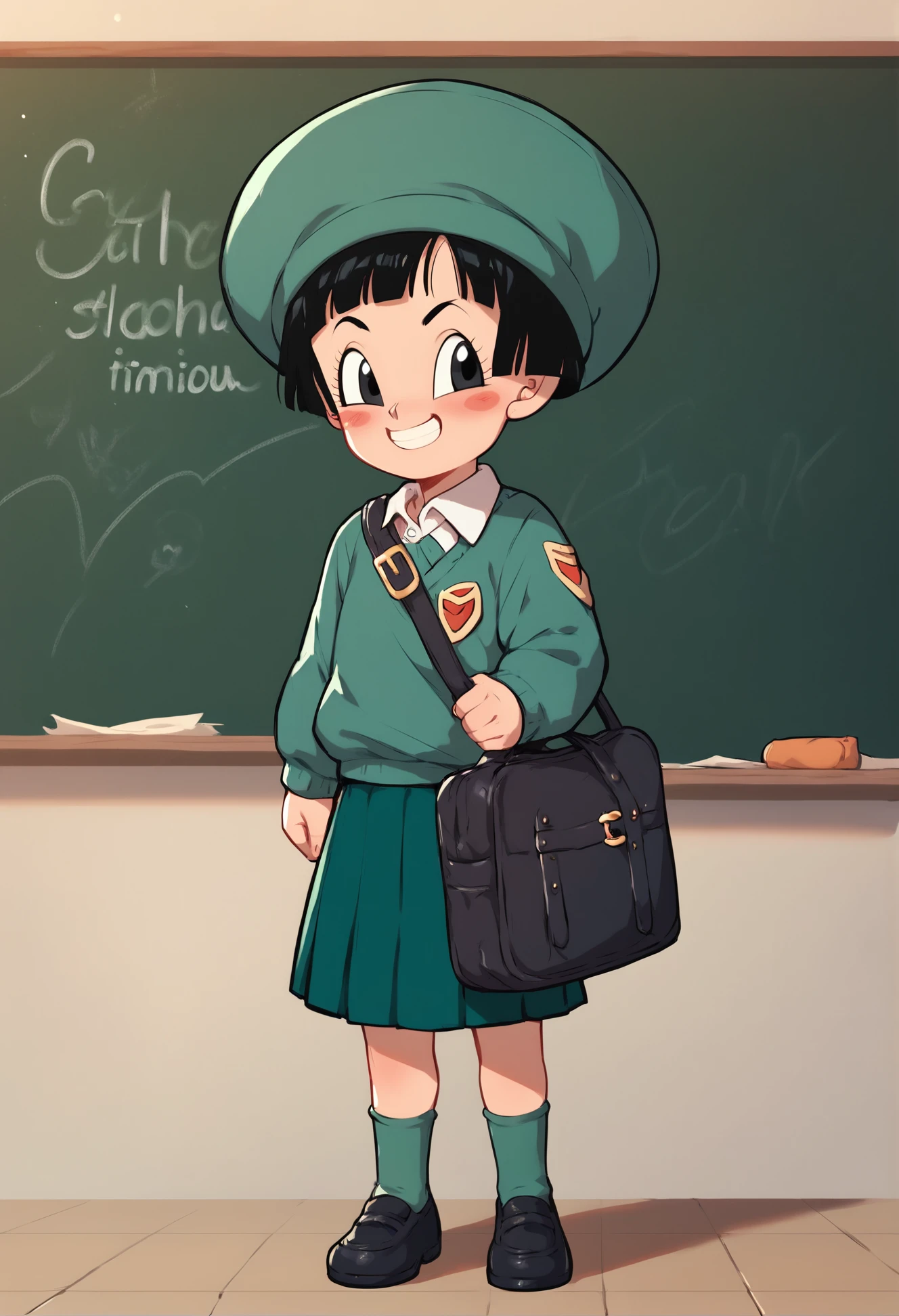 (score_9, score_8_up), score_7_up, score_6_up, score_5_up, score_4_up, pan \(dragon ball\), 1girl, black hair, short hair, black eyes, green uniform, kindergarten uniform, green headwear, shoulder bag, green skirt, black shoes, green socks, smile, blushing, school, classroom, standing, chalkboard, English text on chalkboard, <lora:Pan_DBS_XL_Pony_Edition:1>, <lora:Smooth Anime Style LoRA XL:0.7>