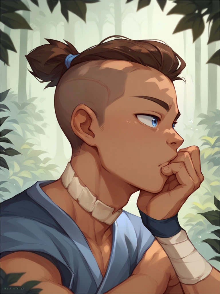 score_9, score_8_up, score_7_up, score_6_up, <lora:S0kka:1> solo, S0kka man, brown hair, topknot, undercut, blue eyes, crouched, thinking, forest background