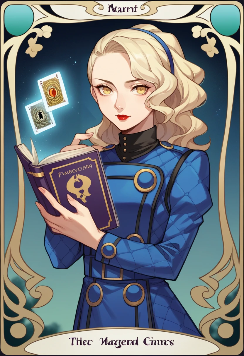 score_9, score_8_up, score_7_up, source_anime BREAK 1girl, solo, <lora:zs_MargaretXL:1> margaretp4, blonde hair, long hair, yellow eyes, headband, dress, long sleeves, black pantyhose, high heels, lipstick, tarot card, holding book, royal blue theme