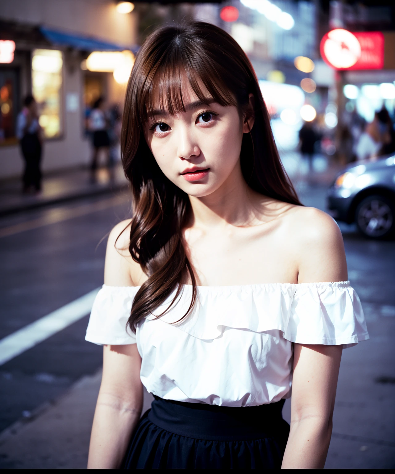 Best quality, masterpiece, photo by fuji-proplus-ii film, half-length portrait, close-up, raw photo of 20 years old woman in white off-shoulder, waist up, long hair, looking at viewer, outdoor, night street, low key light, soft shadow, dark theme, (film grain, film filter:1.3), high angle/from above,
<lora:hinaFilmFujiProPlusII_v1:1>