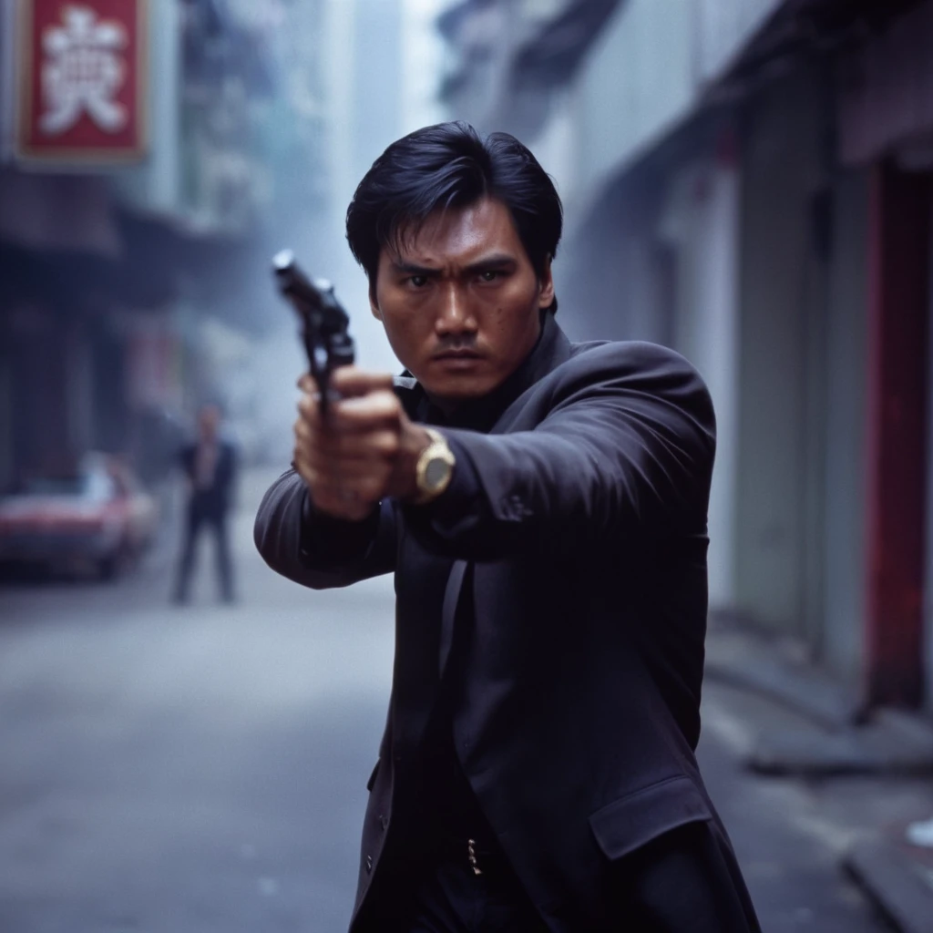 cinematic film still of  <lora:Hong Kong action cinema style:1>
 <lora:Kodak Motion Picture Film Style v4:0.3>
In the 1980's In Hong Kong China a man with blood on his face holding a black revolver,solo,black hair,1boy,holding,jewelry,weapon,male focus,holding weapon,blurry,gun,blood,blurry background,scar,ring,handgun,realistic,aiming,Asian,cinematic,action-themed,violence,aim,aiming,pointing,Kodak,Film style,movie style,film grain,film contrast,action packed,serious,stunt,Hong Kong action cinema style,Asian,cinematic,action-themed,violence,aim,aiming,pointing,Kodak,Film style,movie style,film grain,film contrast,action packed,serious,stunt,Hong Kong action cinema style, shallow depth of field, vignette, highly detailed, high budget, bokeh, cinemascope, moody, epic, gorgeous, film grain, grainy