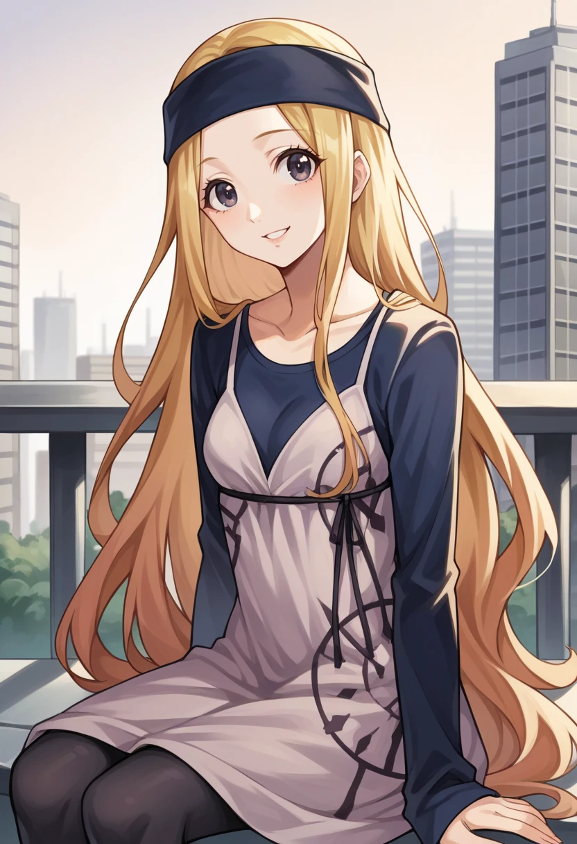 score_9, score_8_up, score_7_up, source_anime BREAK 1girl, solo,   <lora:zs_ChihayaXL:1> chihayap5, very long hair, blonde hair, headband, shirt, dress, black pantyhose, looking at viewer, smile, sitting, city, shinjuku