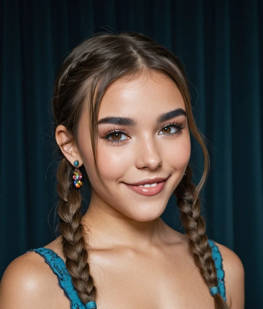 Madison, eye make up, smile, wearing dress, pigtails