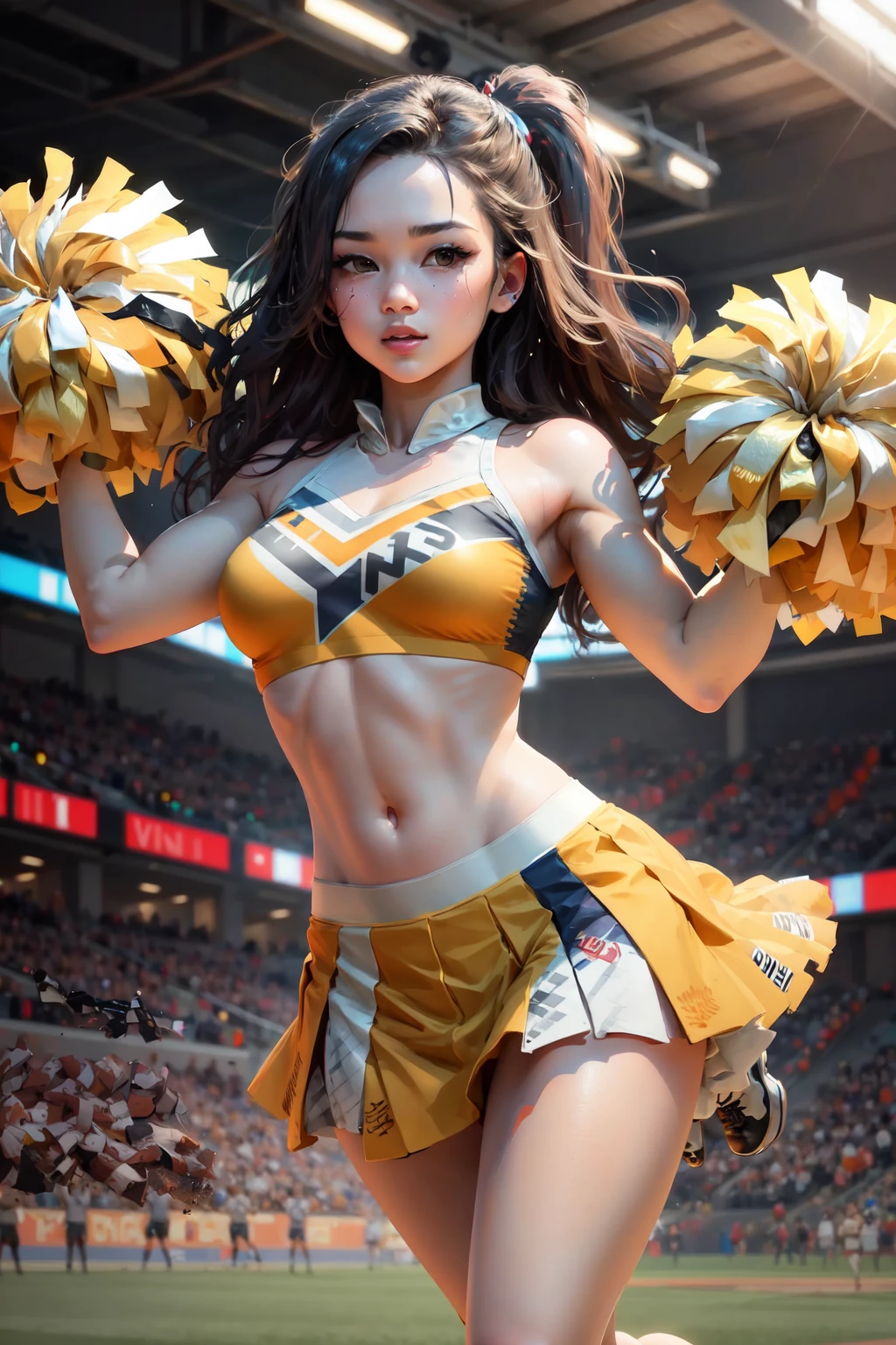 <lora:CheerleaderCL-16:0.8>, CheerleaderCL, pom_pom_(cheerleading), holding pom poms, Ultra-detail, (highres:1.1), best quality, (masterpiece:1.3), cinematic lighting