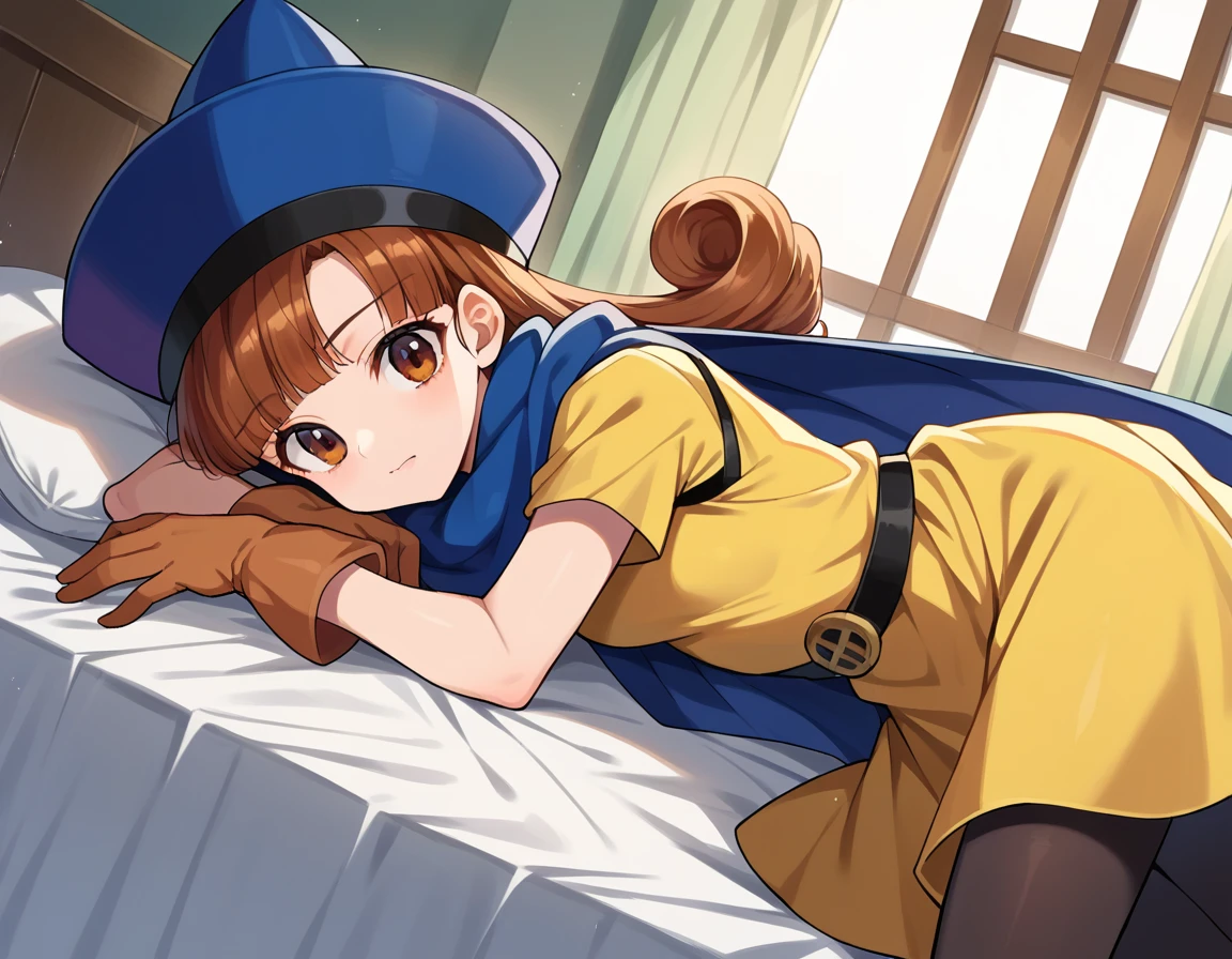 score_9, score_8_up, score_7_up, source_anime,
dqalena, <lora:dq-alena-ponyxl-lora-nochekaiser:1>,
alena, brown eyes, brown hair, curly hair, long hair,
cape, dress, gloves, hat, pantyhose, yellow dress, scarf, short sleeves,
indoors, bed, bed room, on side,
looking at viewer, dutch angle, cowboy shot,
