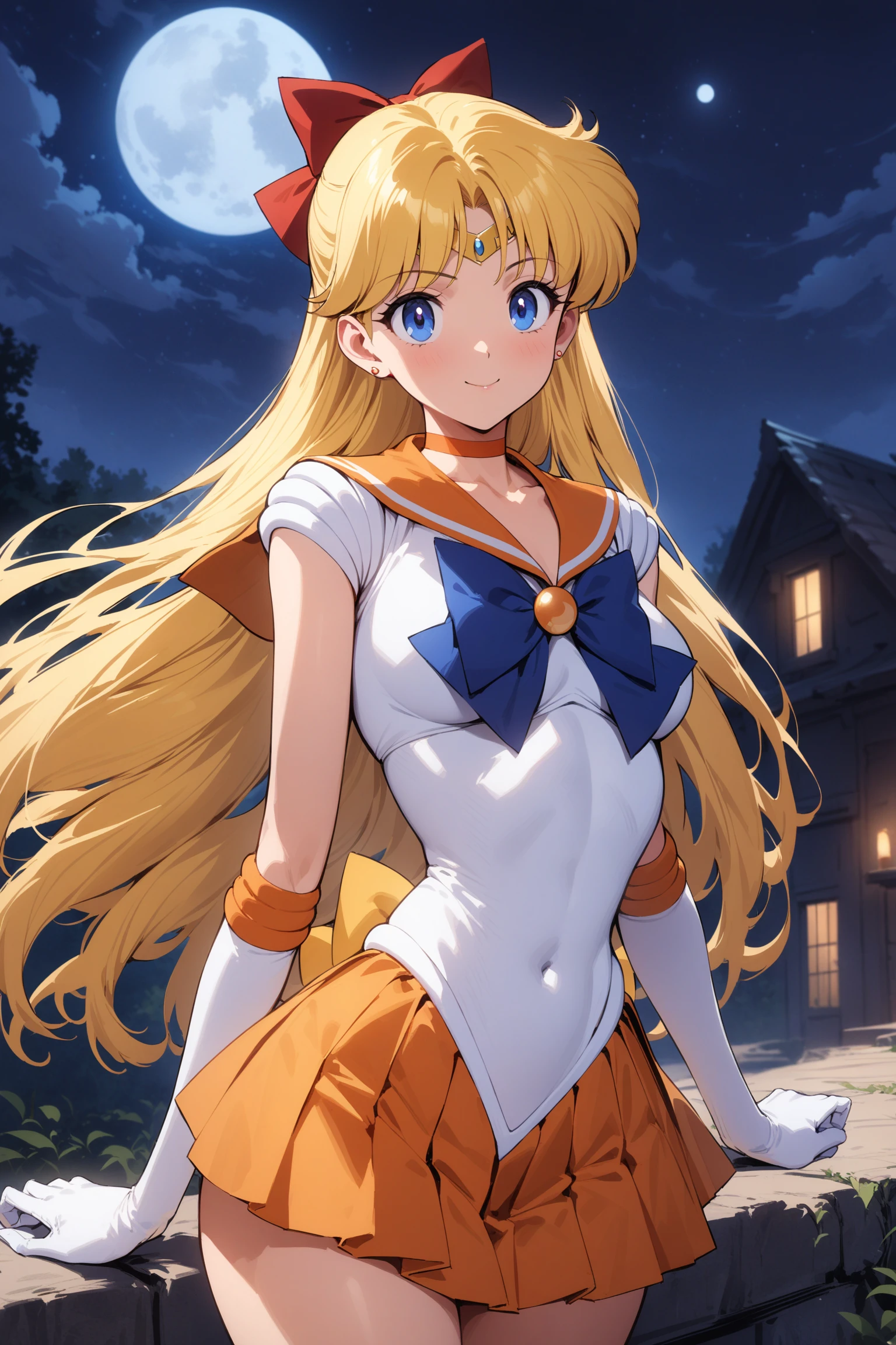 masterpiece, best quality, very aesthetic, absurdres, aavenus, long hair, blonde hair, hair bow, tiara, blue eyes, earrings, orange choker, collarbone, orange sailor collar, blue bowtie, white shirt, white leotard, elbow gloves, white gloves, pleated skirt, orange skirt,  <lora:sailor_venus_XL_v1(anima):0.9>, standing, cowboy shot, outdoors, smile, night, moon