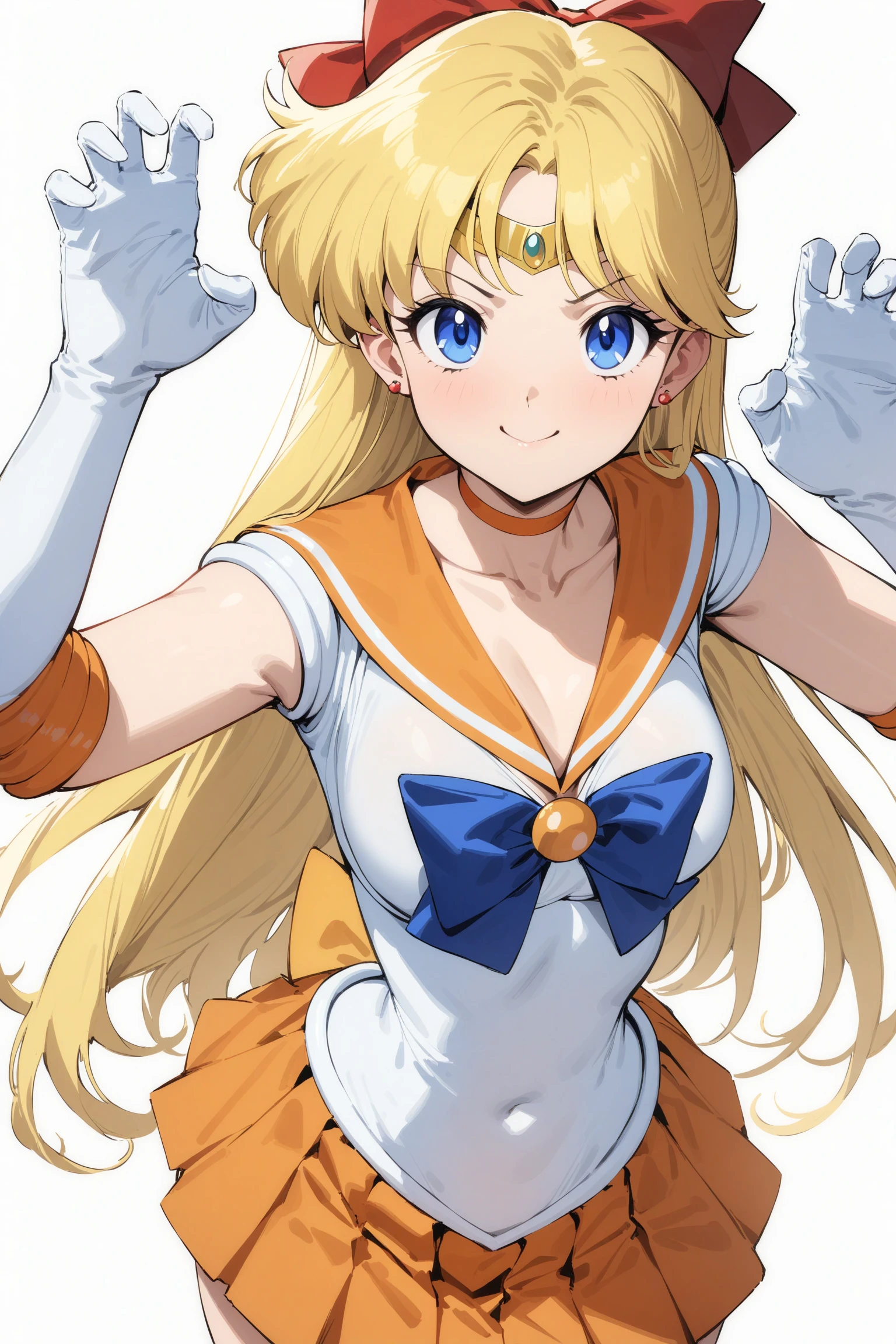 masterpiece, best quality, very aesthetic, absurdres, aavenus, long hair, blonde hair, hair bow, tiara, blue eyes, earrings, orange choker, collarbone, orange sailor collar, blue bowtie, white shirt, white leotard, elbow gloves, white gloves, pleated skirt, orange skirt, <lora:sailor_venus_XL_v1(anima):0.9>, smile, claw pose