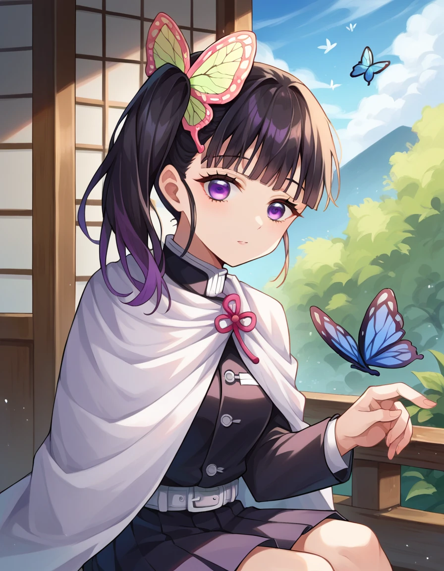 score_9, score_8_up, score_7_up, source_anime,
kanaotsuyuri, <lora:kanao-tsuyuri-ponyxl-lora-nochekaiser:1>,
kanao tsuyuri, black hair, butterfly, butterfly hair ornament, purple eyes, side ponytail, ponytail,
black skirt, cape, demon slayer uniform, long sleeves, pleated skirt, skirt, white cape,
outdoors, sitting, porch, butterfly,
looking at viewer, dutch angle, cowboy shot,