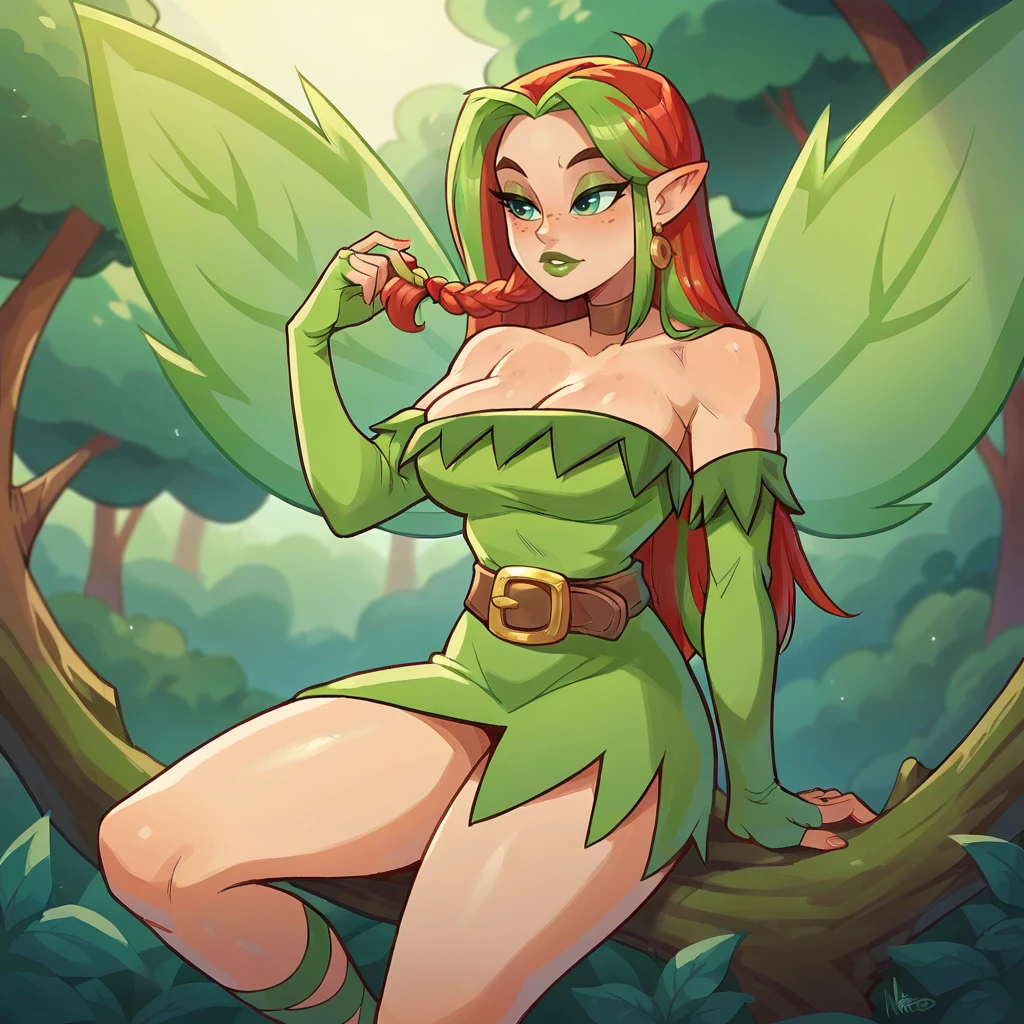 score_9, score_8_up, score_7_up, score_6_up, score_5_up, score_4_up, a girl in the forest, <lora:Illusen_XL10:0.6> illusen, neopets, multicolored hair, green wings, single braid, large breasts, strapless dress, green footwear, elbow gloves, dress pull, belt