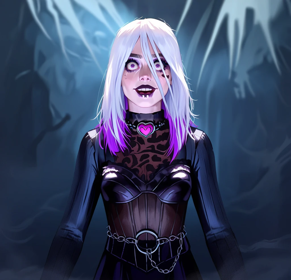 score_9, score_8_up, source_anime, 1girl, dark gothic art style, a fullbody image of a girl, solo BREAK <lora:PONY Sable Warb DBD 45 v2:1> Sable Ward, white hair with purple tips, purple eyes, a girl is standing inside a dimly lit dungeon with her arms lifted above her head in a maniacal pose, the girl is cackling and laughing while aiming her head up at the sky, constricted pupils and wide open eyes, unnerving smile with open mouth