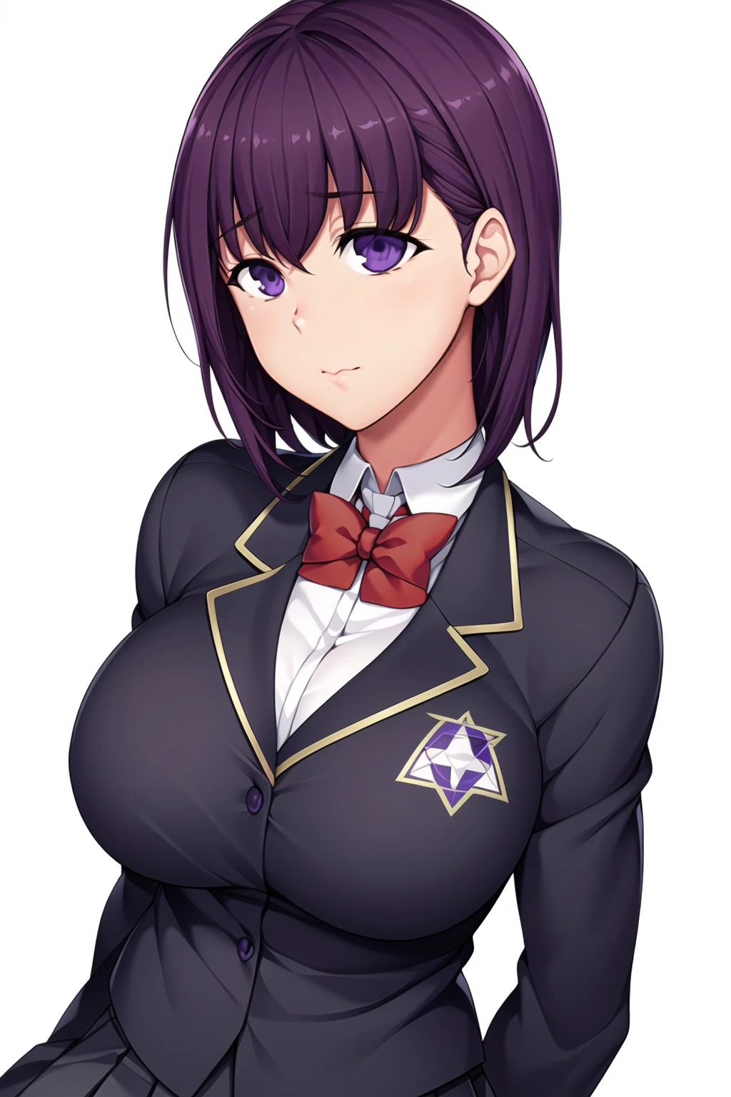 Simple White Background,
dynamic pose,standing at attention,
school_uniform,Blue_jacket,red_bowtie, pleated_skirt,thighhighs,black legwear,long sleeves,
<lora:Honami_Okudera_SaiminSeishidou-KK77-V1:0.7>,
Purple eyes, Purple hair,bangs,short hair,
<lora:Oda_Non_Style-KK77-V2:0.3>,<lora:SaiminSeishidou_Lesson_Style-KK77-V1:0.1>,<lora:more_details:0.1>,
1 girl, 20yo,Young female,Beautiful long legs,Beautiful body,
Beautiful Nose,Beautiful character design, perfect eyes, perfect face,expressive eyes,perfect balance,
looking at viewer,(Focus on her face),closed mouth, (innocent_big_eyes:1.0),(Light_Smile:0.3),
official art,extremely detailed CG unity 8k wallpaper, perfect lighting,Colorful, Bright_Front_face_Lighting,White skin,
(masterpiece:1.0),(best_quality:1.0), ultra high res,4K,ultra-detailed,
photography, 8K, HDR, highres, absurdres:1.2, Kodak portra 400, film grain, blurry background, bokeh:1.2, lens flare, (vibrant_color:1.2),professional photograph,
(Beautiful,large_Breasts:1.2), (beautiful_face:1.5),(narrow_waist),