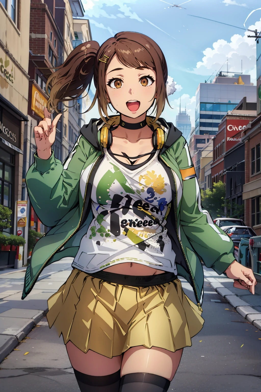 (masterpiece, best quality:1.2), solo, 1girl, smile, open mouth, large breasts, srw_olive, olive_casual, green hoodie, open jacket, headphones around neck, shirt, yellow pleated skirt, black and white striped thighhighs, looking at viewer, brown hair, brown eyes, side ponytail, hair clip, swept bangs, city landscape, <lora:srw_olive_2:0.9>, <lora:GoodHands-beta2:1.3>