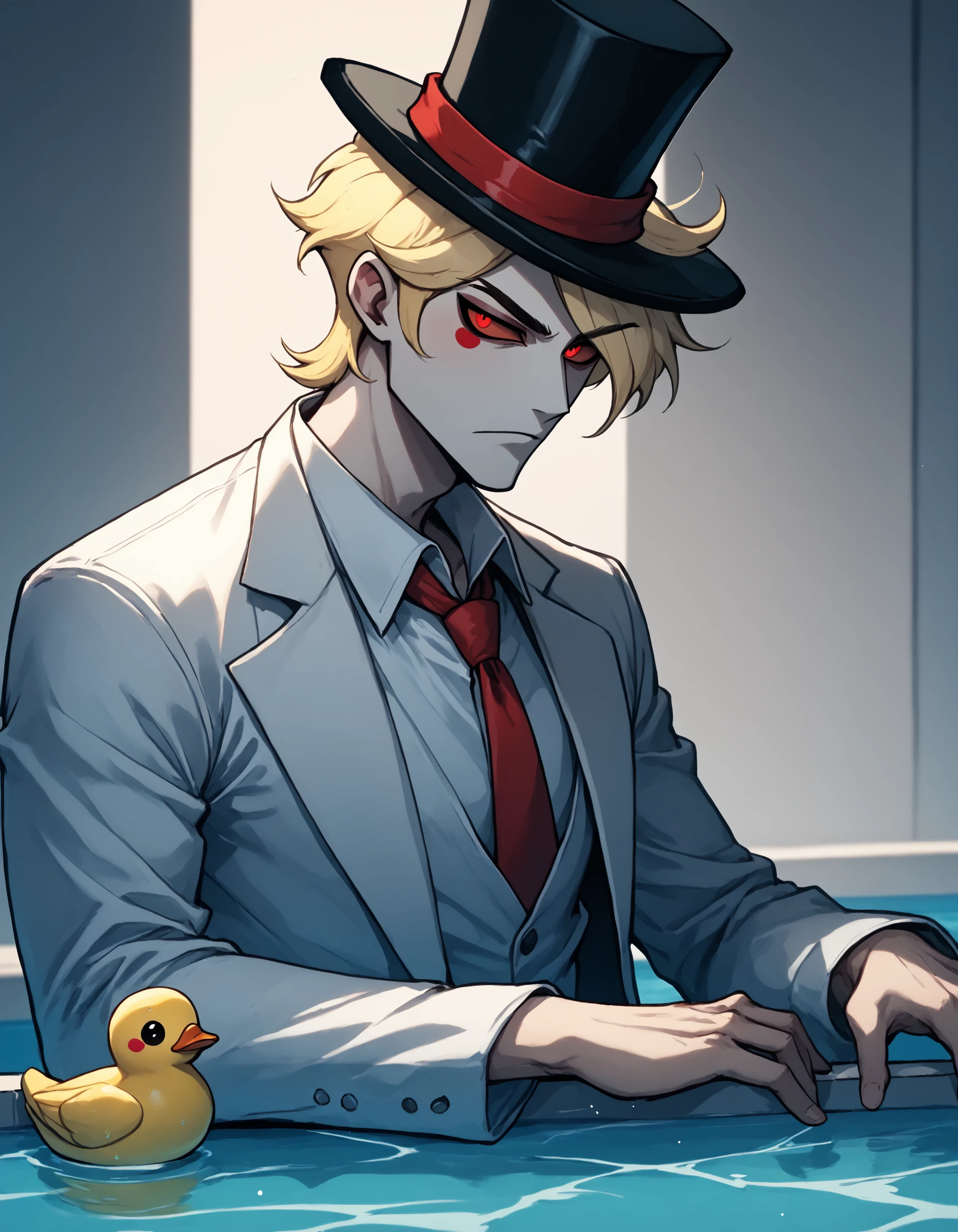 score_9, score_8_up, score_7_up, score_6_up, score_5_up, score_4_up, 666 yellow rubber ducks in a pool, 1boy, male focus, white suit, white shirt, red tie, white top hat with red ribbon, blonde hair, red eyes, flat color, celshading, hazbin hotel, vivziepop