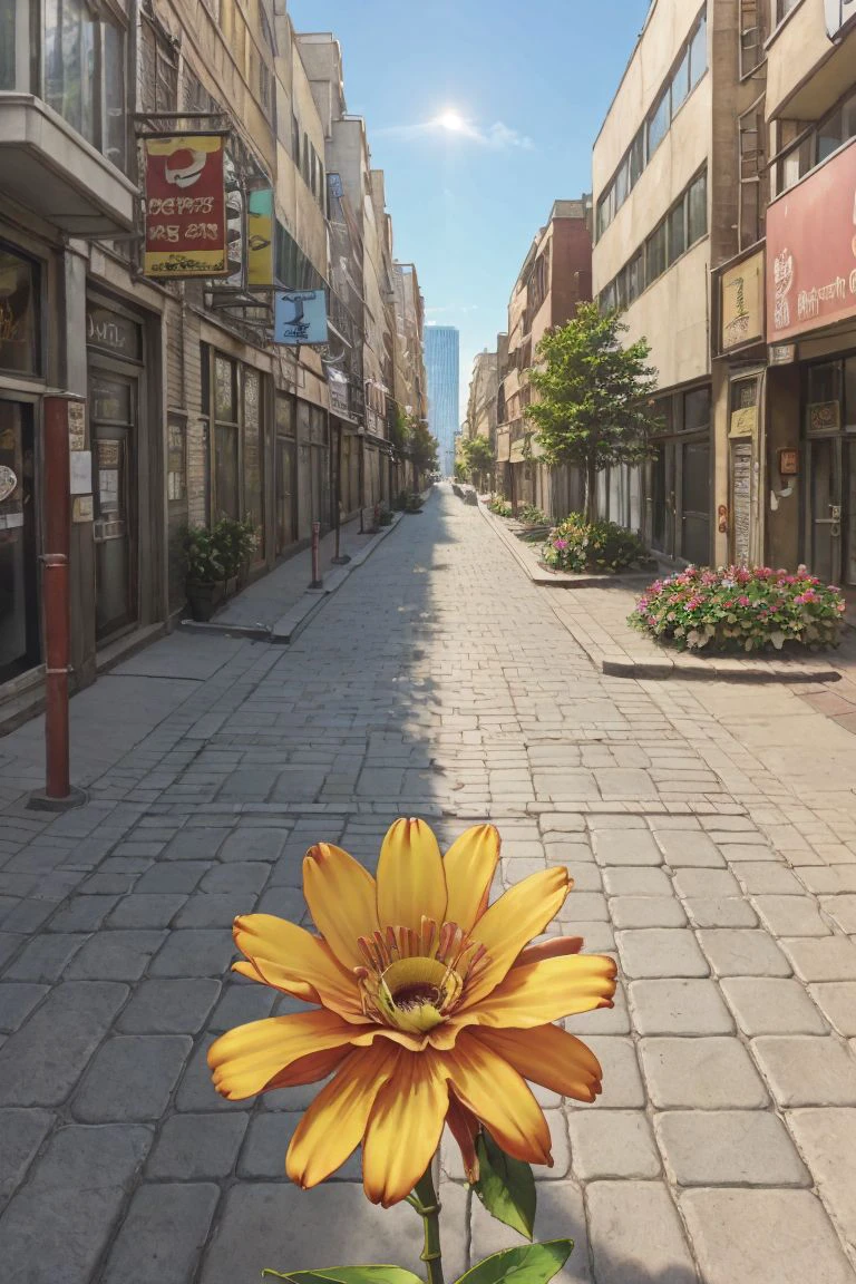 a extreme closeup of (one multicolor (flower) growing on a sidewalk) BREAK
in a (city street) with tall buildings BREAK
in a (bright day) BREAK
photo realistic, dolly zoom, cinematic look, intrincate details