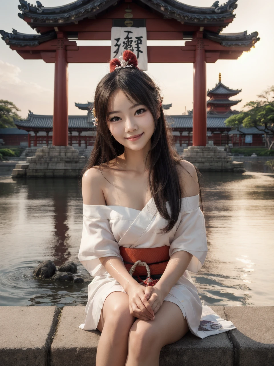 masterpiece, best quality, detailed background, 1girl, long hair, black hair, (temple in the background), sitting, miko shrine maiden, off shoulder, light smile, water, sunset, hair ornament, facing viewer