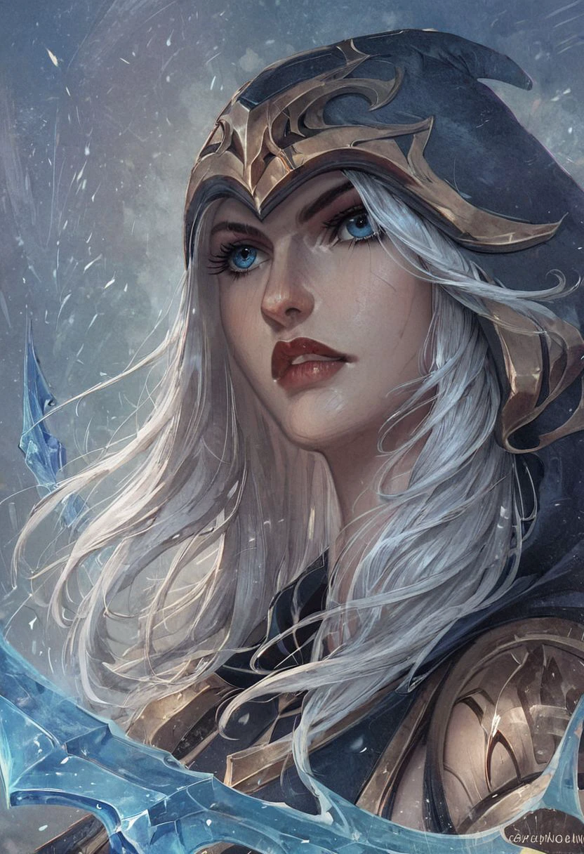 score_9, score_8_up, score_7_up, ashe, league_of_legends, detailed eyes, blue eyes, long white hair, hood, fighting someone