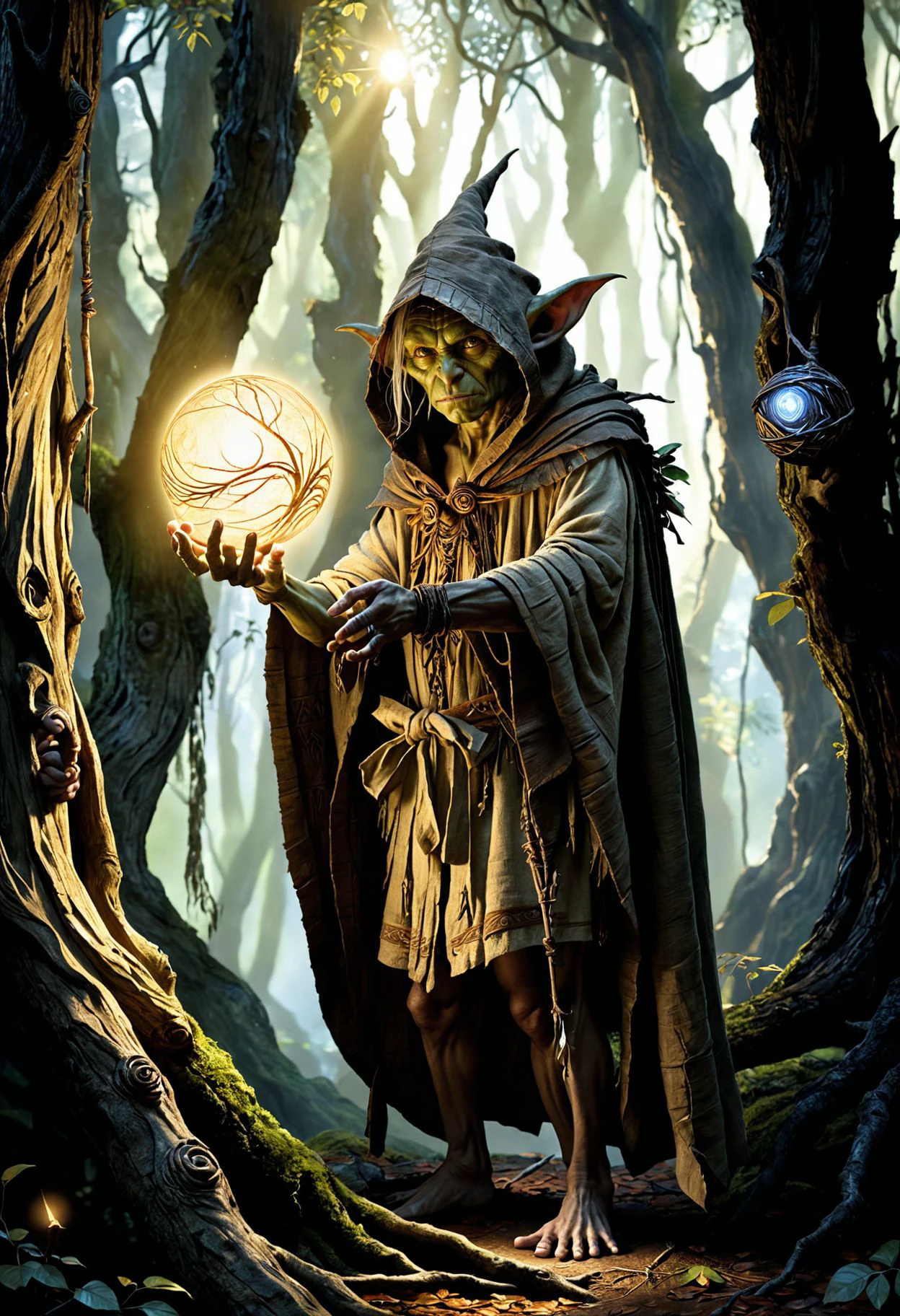 A goblin raider wearing an old, worn-out cloth cloak and naked primitive tribal clothing, wields a bow carved from ancient trees, his right hand grips a glowing orb, the scene set in a dimly lit, mystical forest, the atmosphere is reminiscent of a scene from a freestanding artwork, captures the essence of Tolkiens Middleearth.