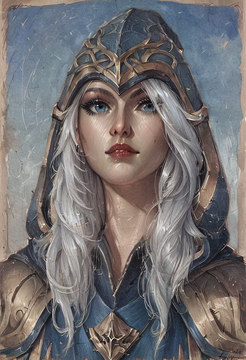 score_9, score_8_up, score_7_up, ashe, league_of_legends, detailed eyes, blue eyes, long white hair, hood, bow, traditional art, half body