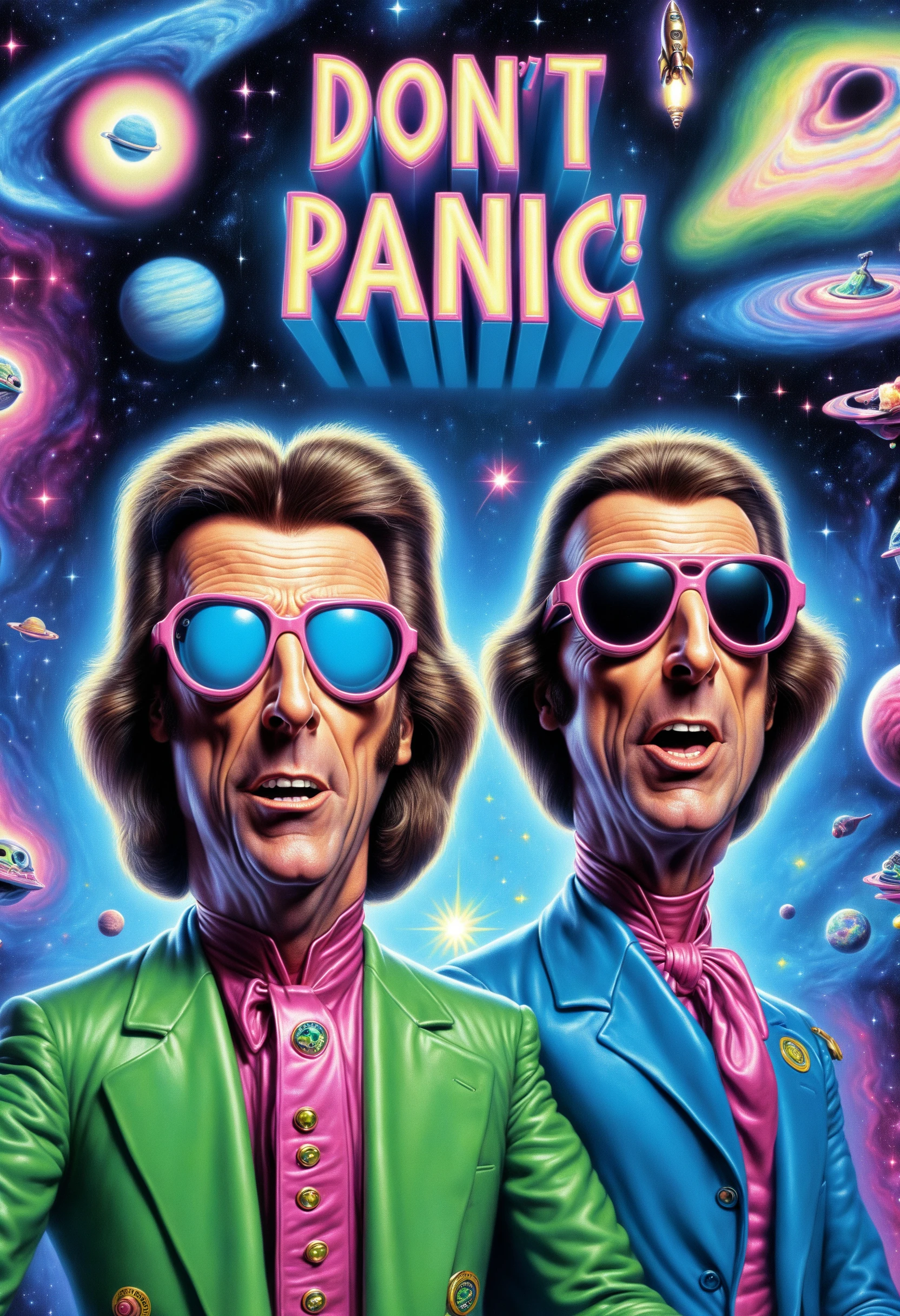 DonMD0n7P4n1cXL, text "DON'T PANIC!", Zaphod Beeblebrox, man, sunglasses, two heads, stylish, president of the galaxy, <lora:DonMD0n7P4n1cXL:1>