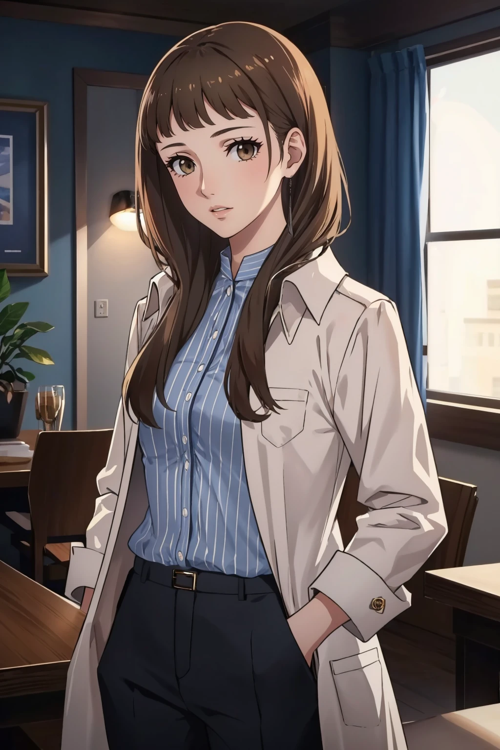 (masterpiece:1.4), (best quality:1.2), Detailed face, Risa Aoyagi, 1 girl, formal, pant suit, shirt, jacket, short hair, brown eyes, sitting, Smile, cowboy shooting, Upper body