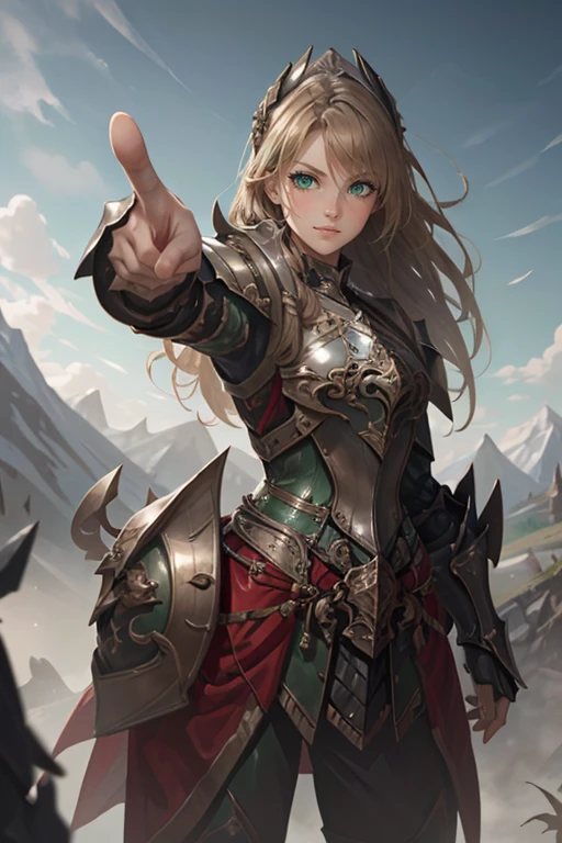 <lora:HXarmour_019:0.8>,(Pointing at you:1.3),hxarmour,1girl,mountain,(light green armour:1.3),