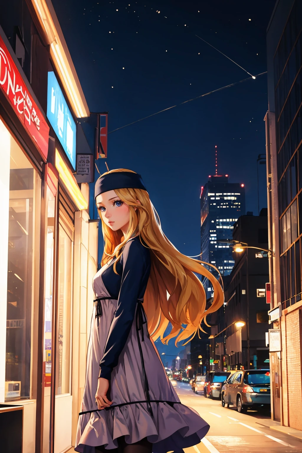 masterpiece, best quality, <lora:zs_Chihaya:1> chihayap5, very long hair, blonde hair, headband, shirt, dress, black pantyhose, city, night, arms folded