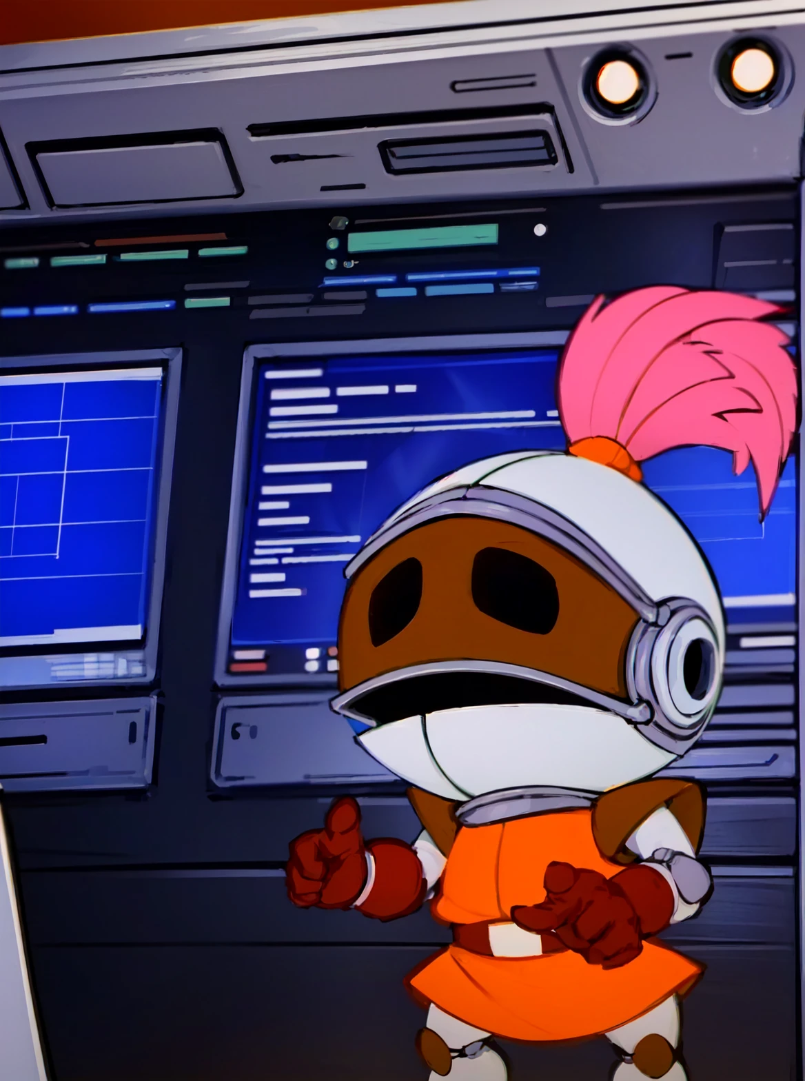 jaycewheeled, oon, small knight, knight armour, orange cloth, lance, pink feather, in computer room <lora:Jayce_and_the_Wheeled_Warriors:0.8>, <lora:add_detail:0.5>, <lora:boldline:-0.2>, <lora:noline:0.3>, 1girl, solo,