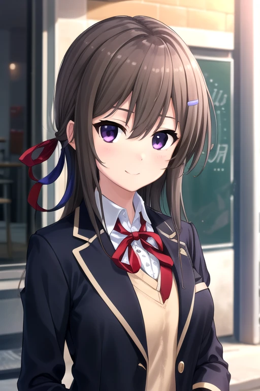 ((masterpiece)),(best quality),official art,extremely detailed CG,unity 8k wallpaper,ultra detailed,beautiful detailed eyes,extremely detailed face,outdoors,1girl,solo,upper body,(portrait:1.5),looking at viewer,facing viewer,smile,Otonashi Kanae,long hair,black hair,floating hair,hair ribbon,aqua ribbon,hairclip,hair ornament,hair intakes,hair between eyes,sidelocks,purple eyes,school uniform,blazer,blue jacket,wing collar,yellow sweater,collared shirt,white shirt,neck ribbon,red ribbon,long sleeves,large breasts,miniskirt,green skirt,plaid skirt,pleated skirt,white socks,loafers,<lora:Otonashi Kanae(ls):0.9>,